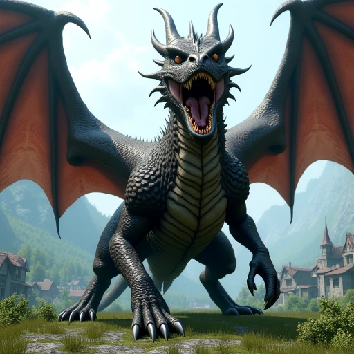 A large Skyrim dragon form dominating the foreground with a majestic Skyrim hold sprawling in the background. The creature is depicted in a fierce stance, its powerful arms transformed into wings, outstretched and tipped with razor-sharp talons that could slice through the very air. The dragon faces the viewer with a chilling gaze, revealing a set of highly detailed, gruesome teeth that are a testament to its carnivorous nature. Its lower body is adorned with heavy, menacing testicle balls and a sheathed member, a stark contrast to the sleek, scaled tail that snakes behind it. In the dragon's right hand. Each scale on the beast's body is meticulously rendered, reflecting the diverse hues of the hold's landscape, while its wings cast a shadow over the quaint village below. The dragon's presence is both terrifying and mesmerizing, with a level of detail that brings to life the harsh beauty of the world of Skyrim, close-up shot