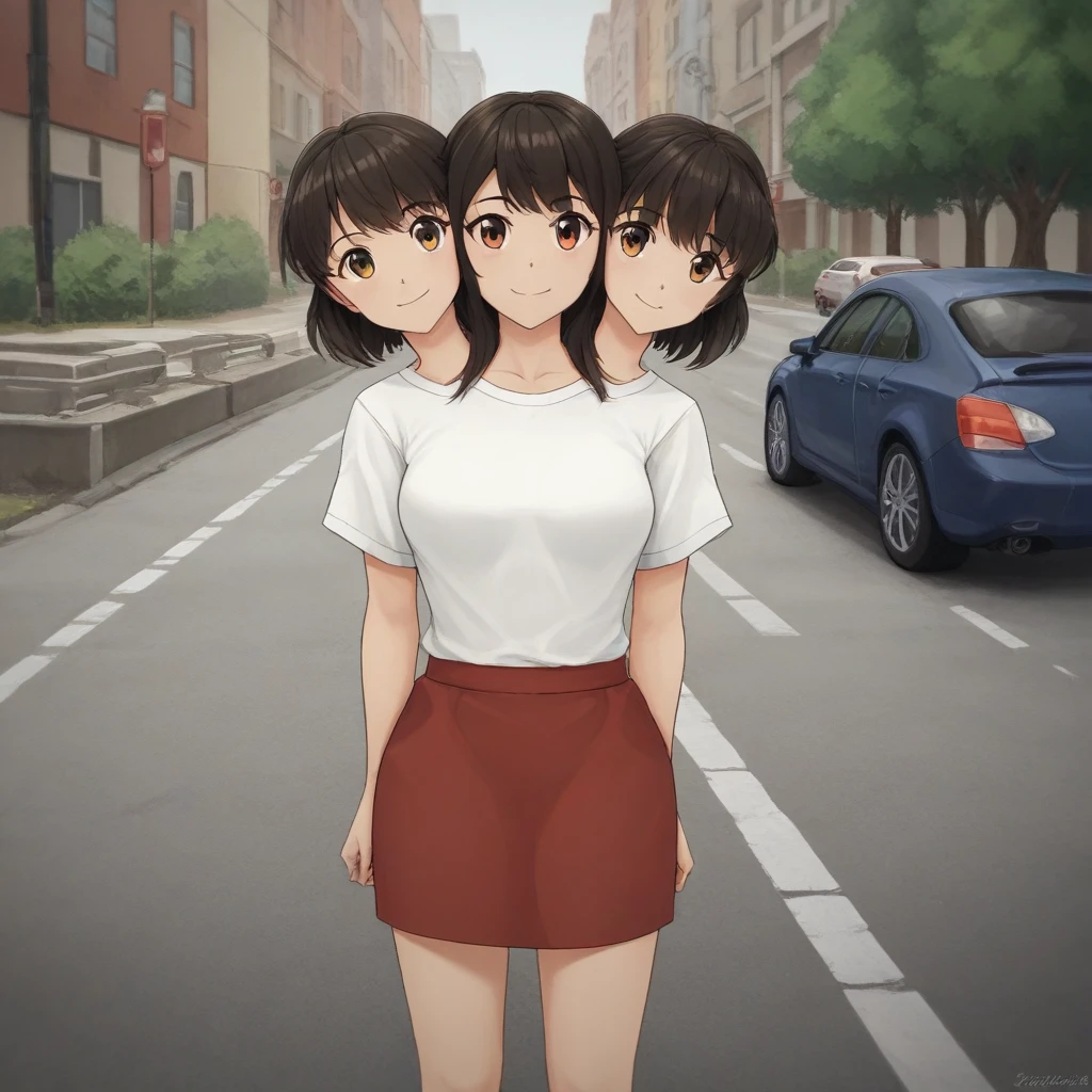 source_anime, score_9, score_8_up, score_7_up, conjoined, 3girls, shirt, skirt, parking lot, smile