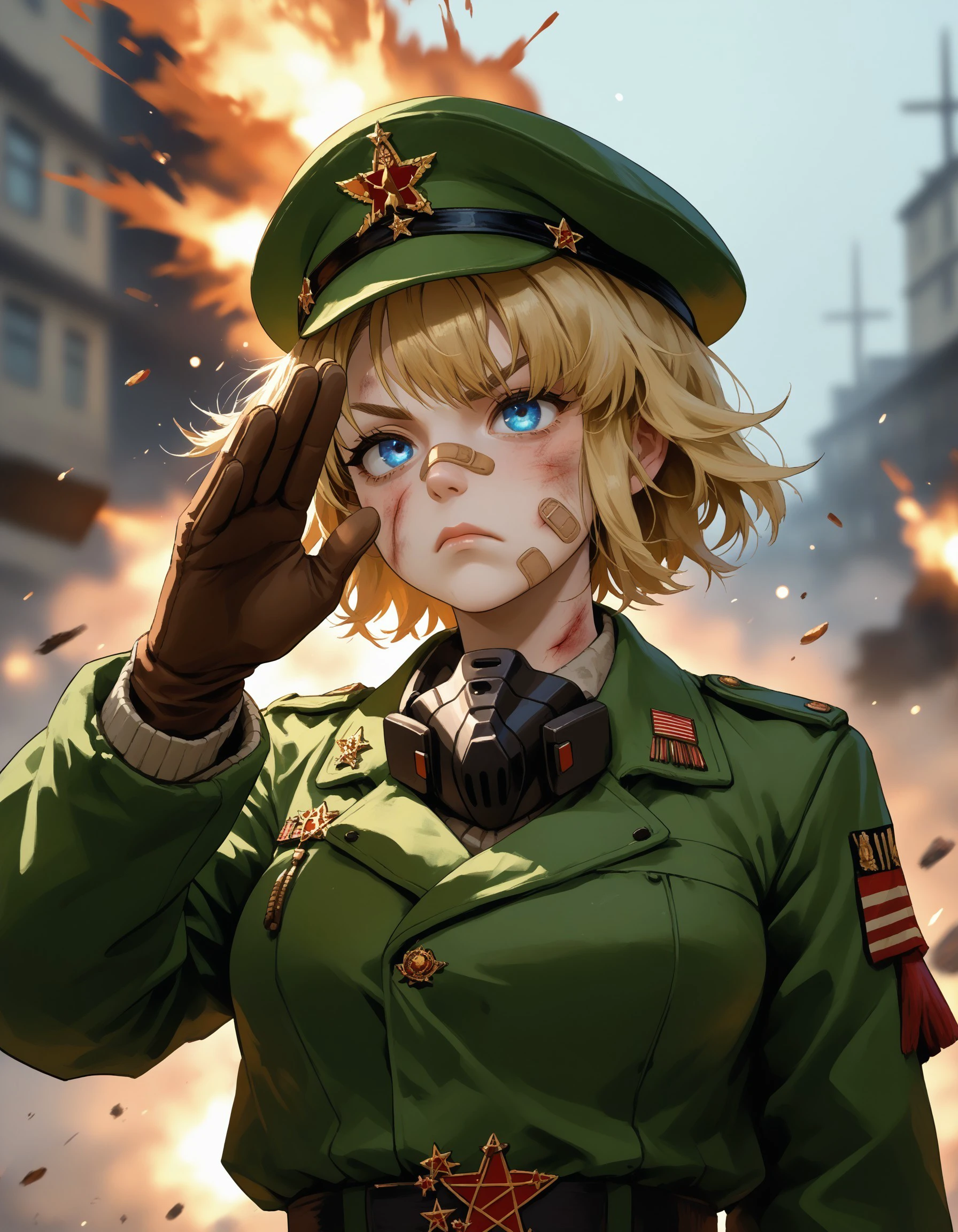 score_9, score_8_up, score_7_up, rating_explicit, source_anime, abstract background, fog, explosion, war, depth of field, bokeh, scenery, 
BREAK
1girl, lilyadef, blonde hair, short hair, blue eyes, large breasts, military uniform, green beret, brown gloves, (salute), frown, injury, :<, serious, respirator, blood on face, bandaid on face, 
<lora:r1999lilya-pdxl-ravenfoot-v1-CAME:1.0>