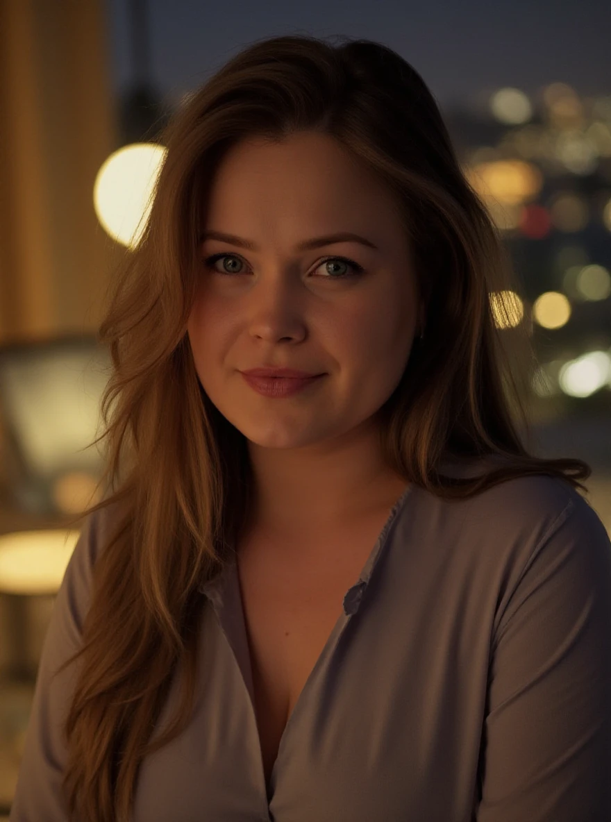 portrait of dr3amsw33tg1rl woman, posing on a office at night, serene and warm, natural lighting, soft focus, high-resolution, elegant and introspective atmosphere, quiet sophistication, wearing a shirt, slight smile