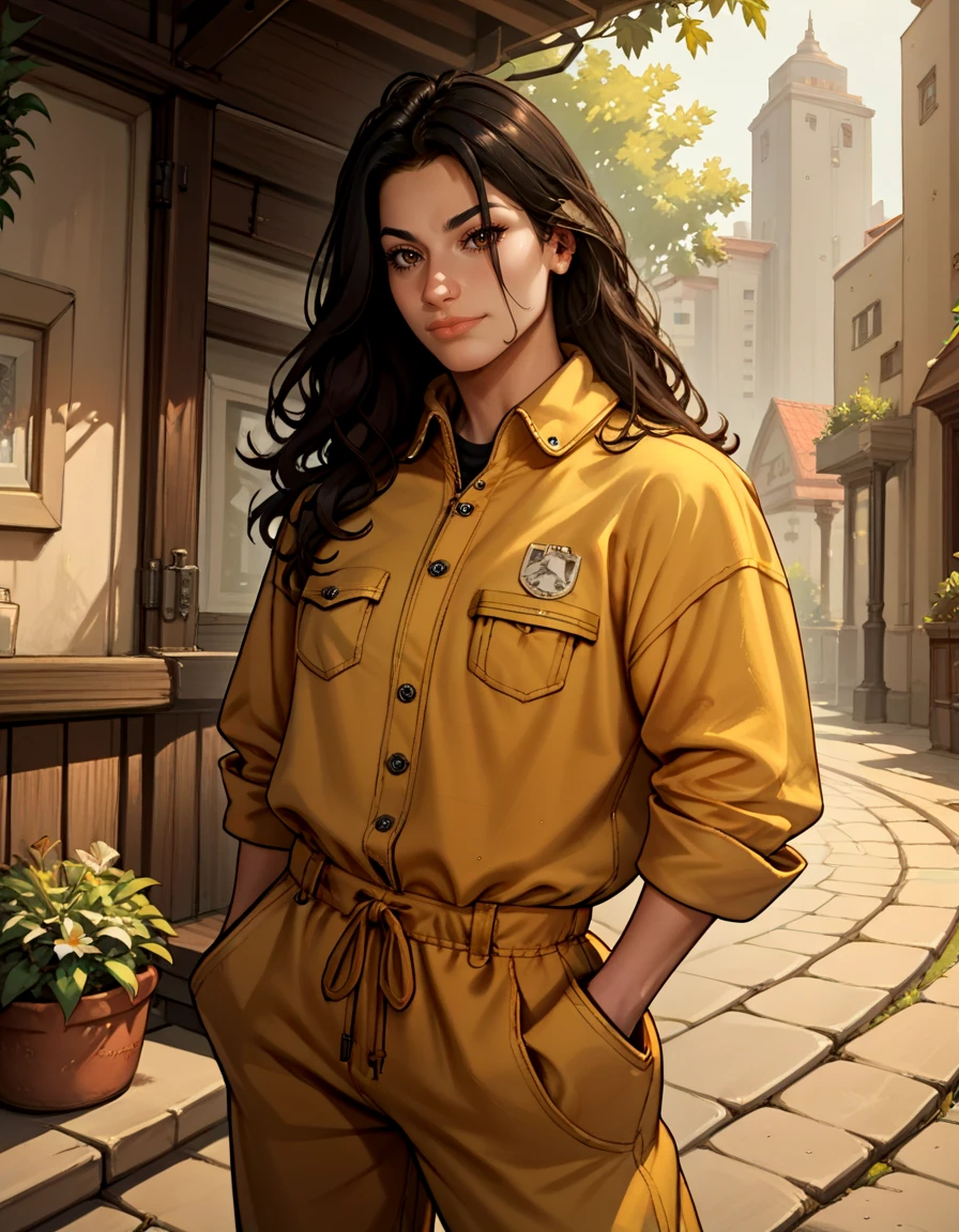 rating_safe, zPDXL3, score_9, score_8_up, score_7_up, score_6_up, score_5_up, score_4_up, highres, incredibly absurdres, highly detailed, dim lighting, closed mouth, outdoors, 1girl, solo, saffai, black hair, long hair, brown eyes, toned, yellow jumpsuit, long sleeves, sleeves rolled up, looking at viewer <lora:Saffai-000007:0.7>