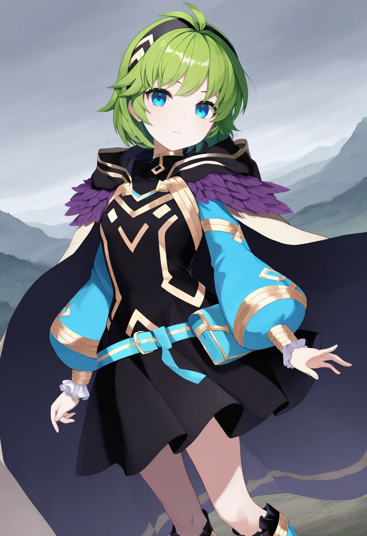 masterpiece, best quality, 1girl, solo, <lora:nino-fe-richy-v1_ixl:1> nin0resp, blue eyes, green hair, short hair, antenna hair, black hairband, feathered cloak, black dress, blue sleeves, puffy long sleeves, blue belt, belt pouch, black kneeboots, standing, outdoors, overcast, looking at viewer, closed mouth,