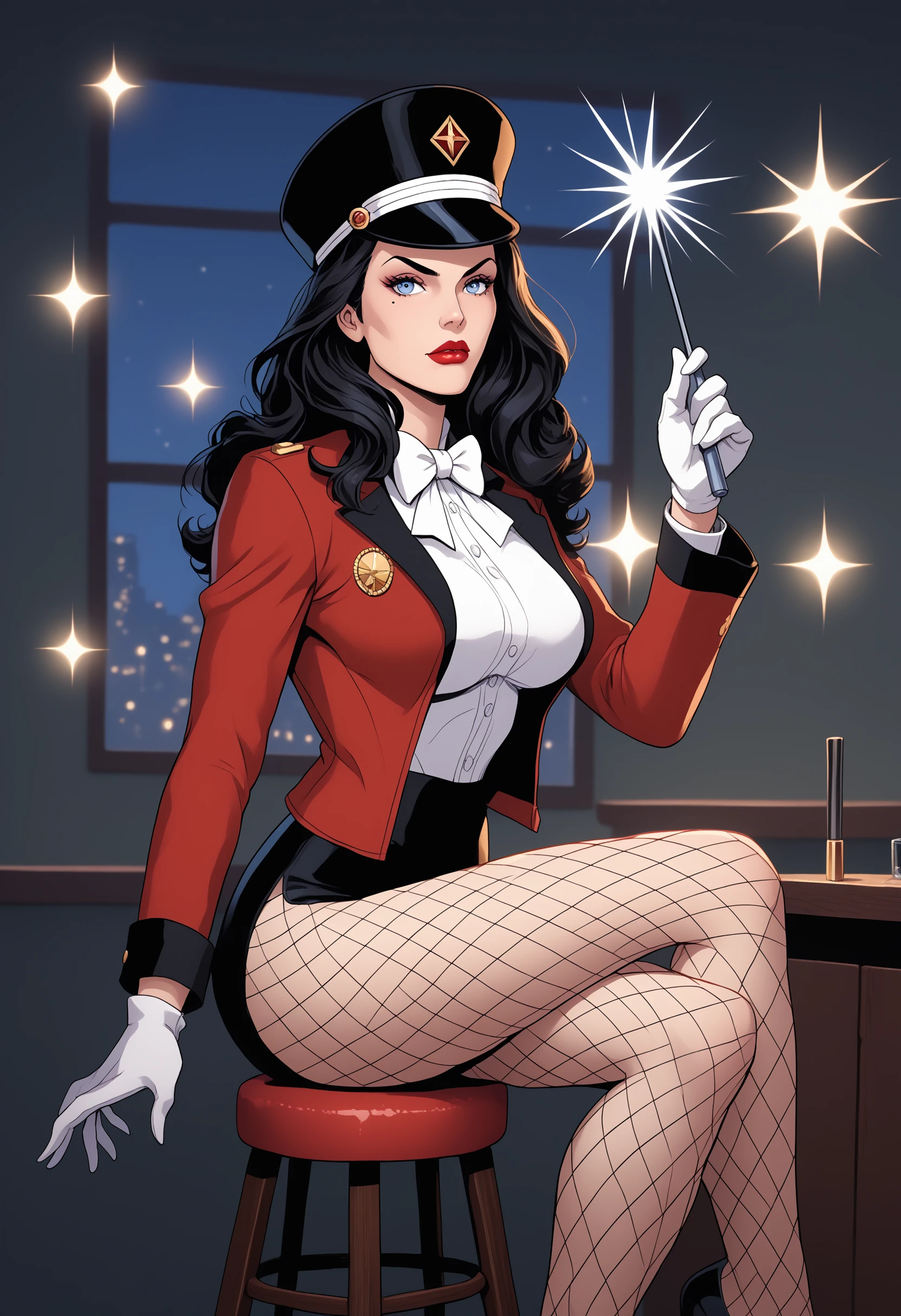 zatanna zatara, 1girl, arm up, black hair, blue eyes, bow, bowtie, breasts, coattails, fishnet pantyhose, fishnets, gloves, hat, holding, holding wand, jacket, large breasts, lights, lips, lipstick, long hair, looking at viewer, makeup, mole, on stool, pantyhose, red lips, sideboob, sitting, solo, stool, wand, white bow, white bowtie, white gloves source_cartoon, comic art style BREAK PonyXLV6_Scores