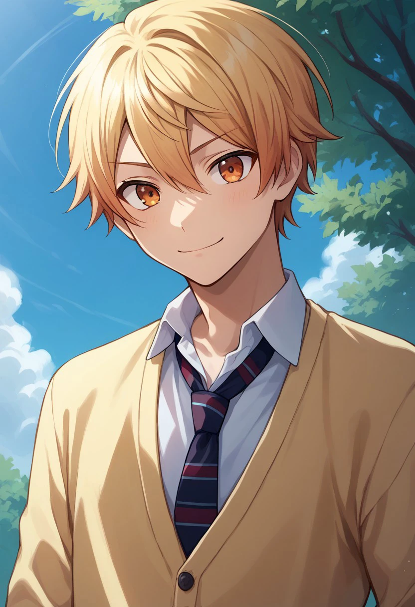 score_9, score_8_up, score_7_up, source_anime, highly detailed, 
tsukasa, 
1boy, male focus, solo, orange eyes, blonde hair, short hair, hair between eyes, bangs, shirt, white shirt, collared shirt, necktie, striped, striped necktie, cardigan, yellow cardigan, long sleeves, upper body, smile
outdoor, sky, tree, cloud