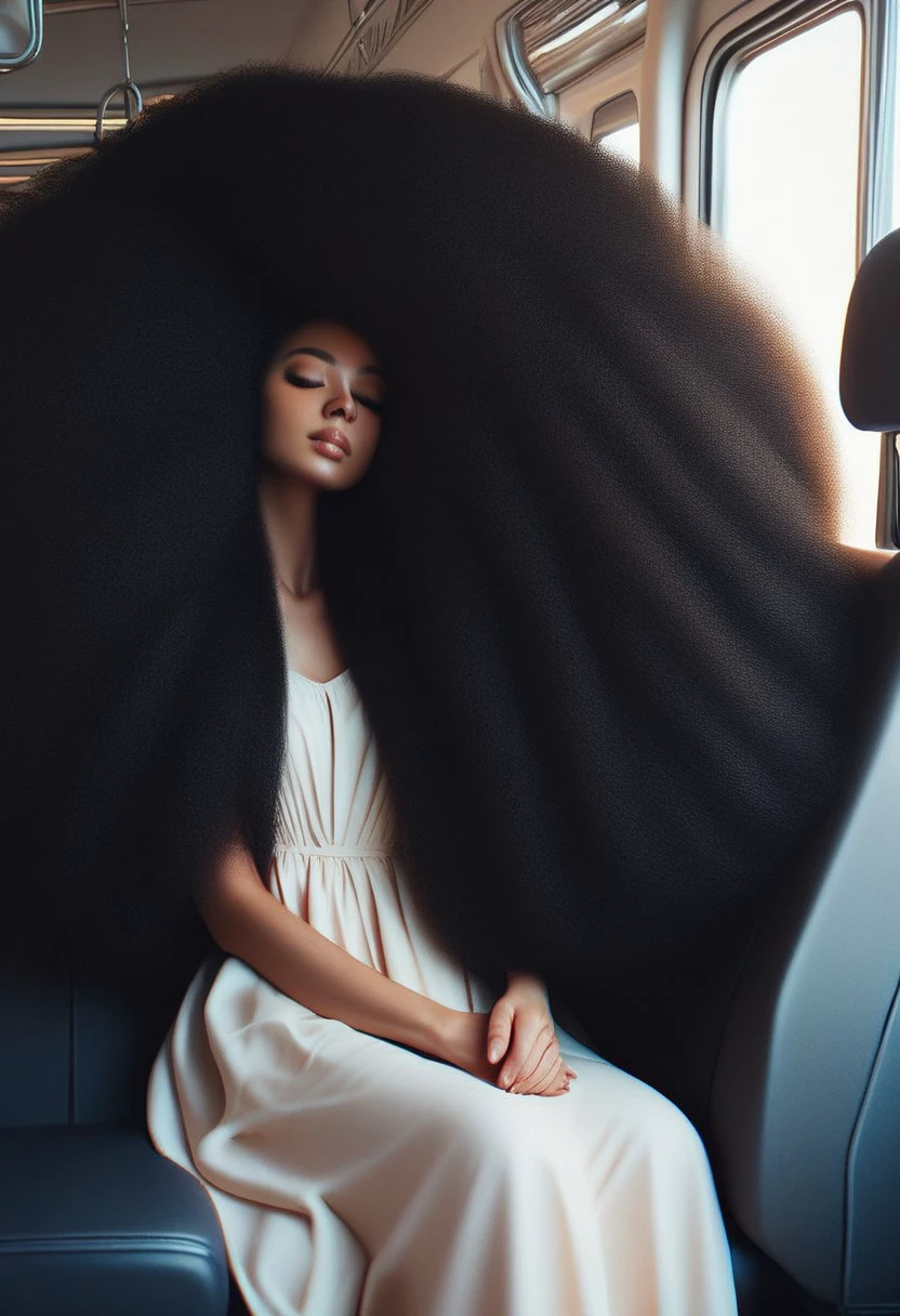 score_9, score_8_up, score_7_up, 
sup3rh41rcr4zy,SuperHairCrazy,
1girl, solo, long hair, black hair, sitting, closed eyes, white dress, sleeping, ground vehicle, realistic, train interior, sleeping upright, afro, seat