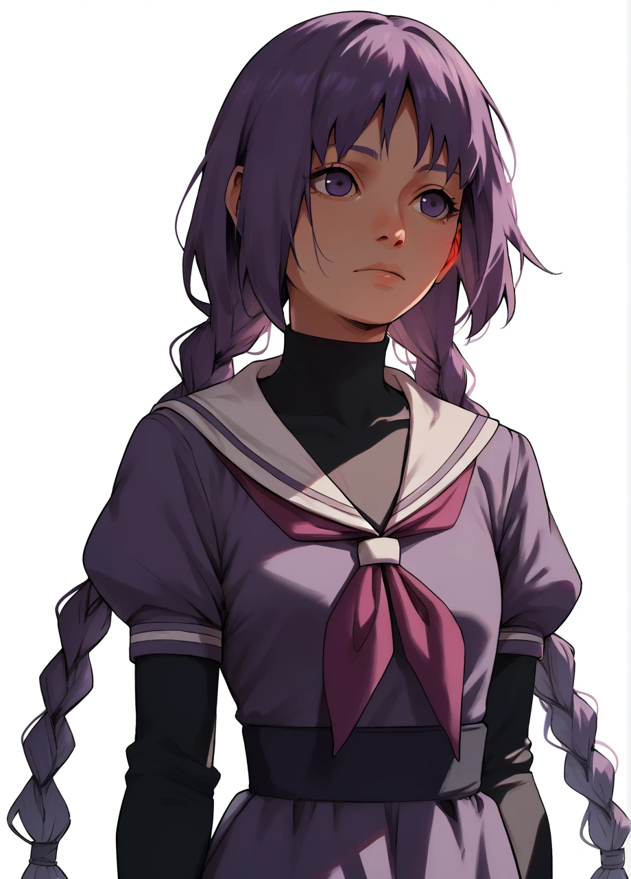 borutosumire, 1girl, purple hair, solo, twin braids, puffy sleeves, long sleeves, sailor collar, neckerchief, purple dress, cowboy shot, white background <lora:Naruto_KakeiSumire-PONY:0.8>, score_9, score_8_up, score_7_up, score_6_up,