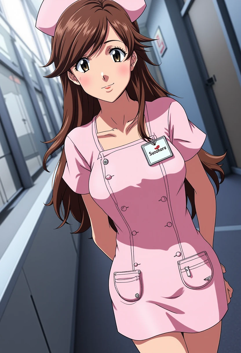 A detailed solo portrait of  suzuhara_sakura 1girl
Anime style, sharp, high contrast and highly detailed.,, 
,
 <lora:evangelion_sakura_suzuhara_flux_v1_2-000006:0.9>,
 She is wearing a light pink nurse uniform and a pure color nurse cap. She is standing in a modern hospital lobby, looking at the camera with a sweet smile. On her uniform there is an Id card that reads "Suzuhara".  <lora:Nurse Anime V3_epoch_4:1>