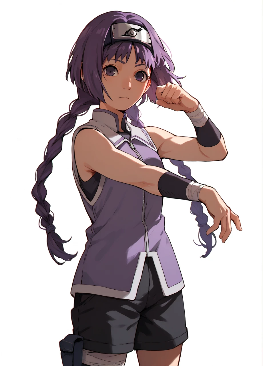 borutosumire, 1girl, purple hair, solo, twin braids, konohagakure symbol, forehead protector, sleeveless, black shorts, wristbands, cowboy shot, white background <lora:Naruto_KakeiSumire-PONY:0.8>, score_9, score_8_up, score_7_up, score_6_up,