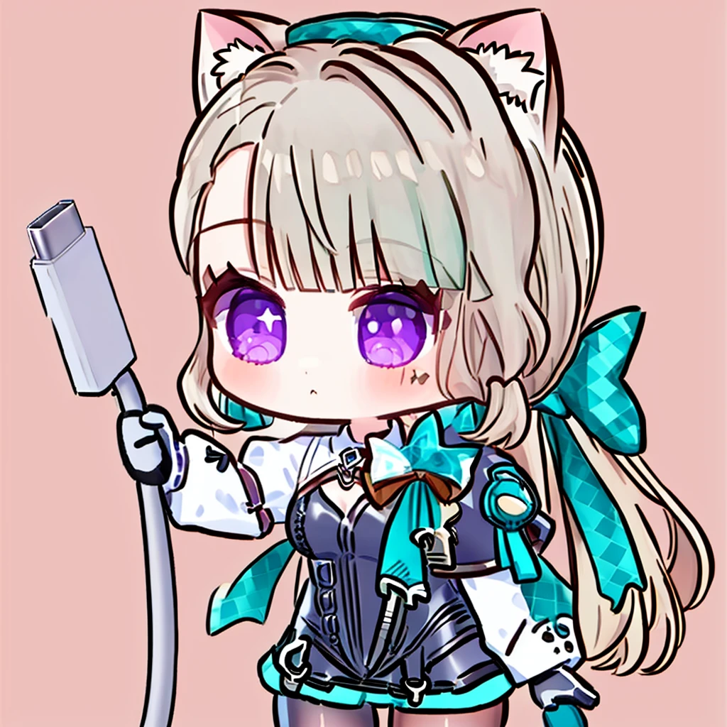 <lora:Meme_holding_charging_cable:0.9>,   chibi, holding charging cable,  <lora:lynette_v4:0.8>, simple background, 1girl, lynette, purple eyes, cat ears, cat tail,  gloves, pantyhose, miniskirt,