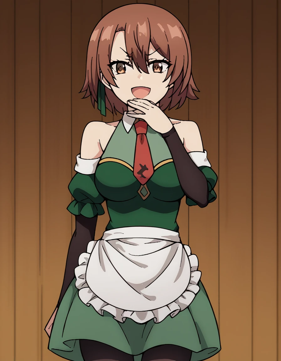 score_9, score_8_up, score_7_up, source_anime, <lora:lola-metrose-s1-ponyxl-lora-nochekaiser:1>, lola metrose, short hair, brown hair, hair between eyes, brown eyes, large breasts, dress, bare shoulders, pantyhose, detached sleeves, necktie, apron, black pantyhose, maid, red necktie, waist apron, white apron, green dress, short necktie,, rope bridge, wood, rope, suspension, height, smile, <lora:ojou-sama-pose-ponyxl-lora-nochekaiser:1>, ojou-sama pose, laughing, smug, hand to own mouth, open mouth,, looking at viewer, solo,, dutch angle, cowboy shot