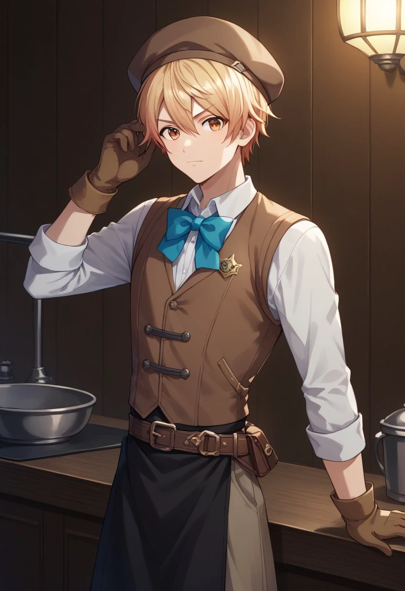 score_9, score_8_up, score_7_up, source_anime, highly detailed, 
tsukasa, 
1boy, male focus, solo, orange eyes, blonde hair, short hair, hair between eyes, bangs, hat, brown headwear, shirt, white shirt, bowtie, vest, brown vest, gloves, brown gloves, apron, black apron, waist apron, belt, pants, brown pants,
indoor,