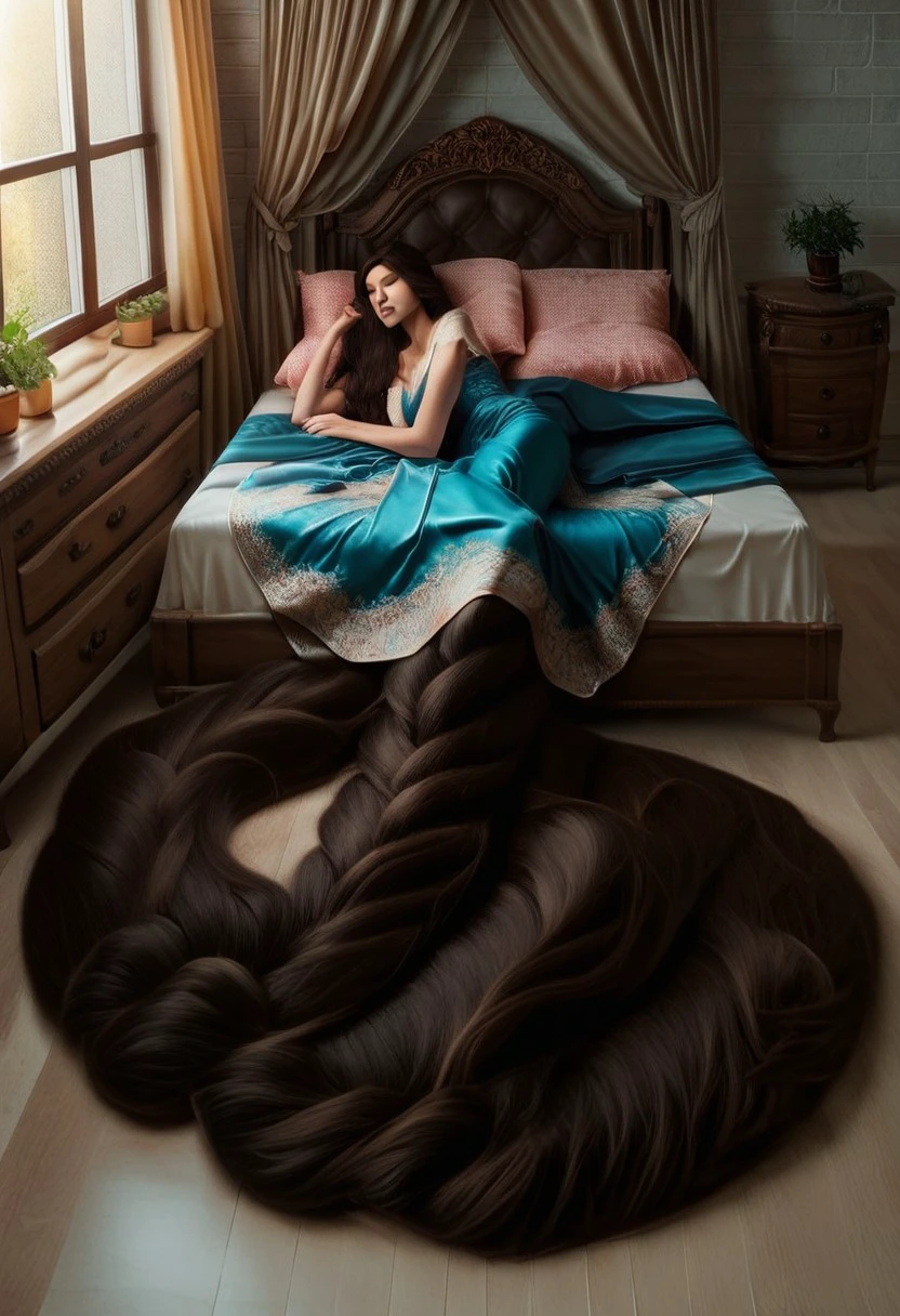 score_9, score_8_up, score_7_up, 
sup3rh41rm1l3s,SuperHairMilesHair,
1girl, solo, long hair, brown hair, black hair, dress, closed eyes, lying, pillow, window, bed, on side, table, sleeping, curtains, realistic, blanket