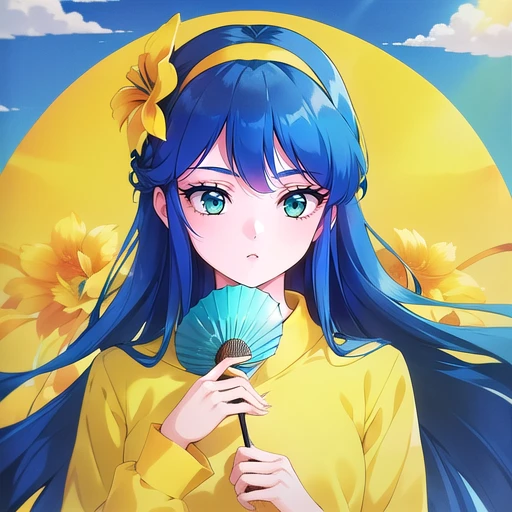 1girl, blue hair, flower, folding fan, hair ornament, hairband, hand fan, holding, holding fan, long hair, long sleeves, makeup, retro artstyle, solo, upper body,yellow flower,red bandâââ,  <lora:ranmake-000002:0.6>, green eyes, naked