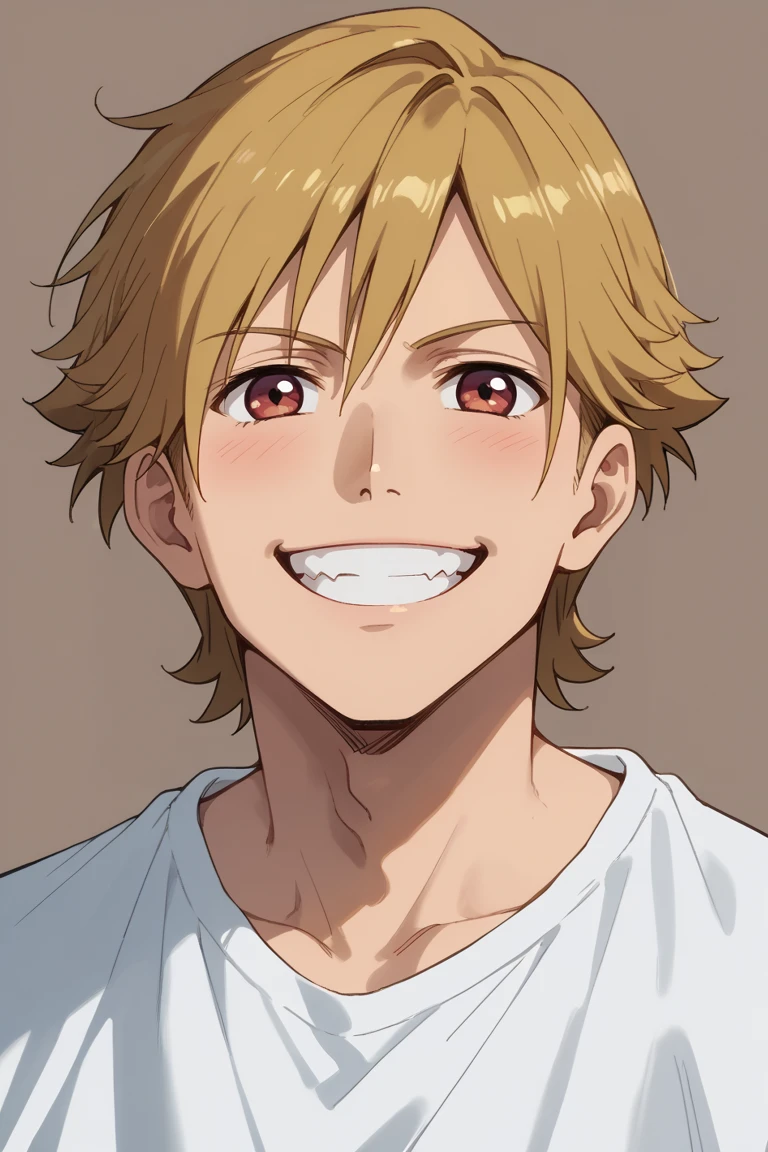 score_9, score_8_up, score_7_up, source_anime, rating_safe, day, 1stmale focus, KazukiBD. looking at viewer, yellowish brown_Kazuki_1stmale hair, red_Kazuki_1stmale eyes, teeth, grin, happy, 1stboy, portrait, simple plain brown background, intricately detailed illustration