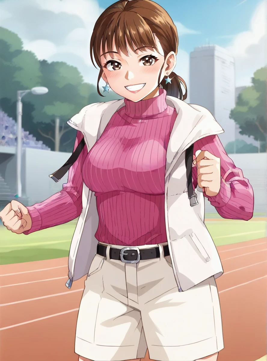 score_9, score_8_up, score_7_up, score_6_up, source_anime, ((anime screencap)), uncensored    (anime coloring), <lora:Mira_Shifuto_Boonboomger:0.7>mirashifutoxl,solo, 1girl, brown hair, smile, shorts, sweater, turtleneck, white shorts, earrings, belt, jewelry, brown eyes, pink sweater, jacket thick thighs,  fighting stance, outdoors race_track,