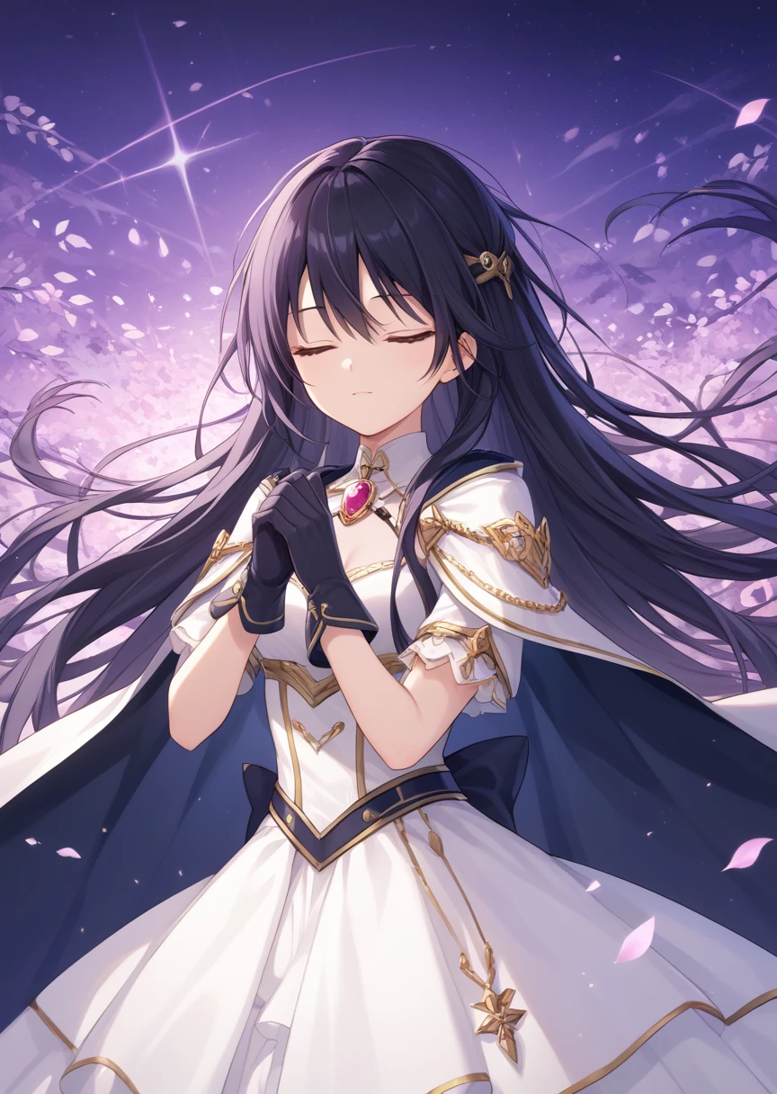 score_9, score_8_up, score_7_up, score_6_up, score_5_up, BREAK
Alm4, Human, female, 1girl, solo, long hair, black hair, gloves, jewelry, closed eyes, purple hair, black hair, cape, petals, sparkle, brooch, heart brooch, white dress