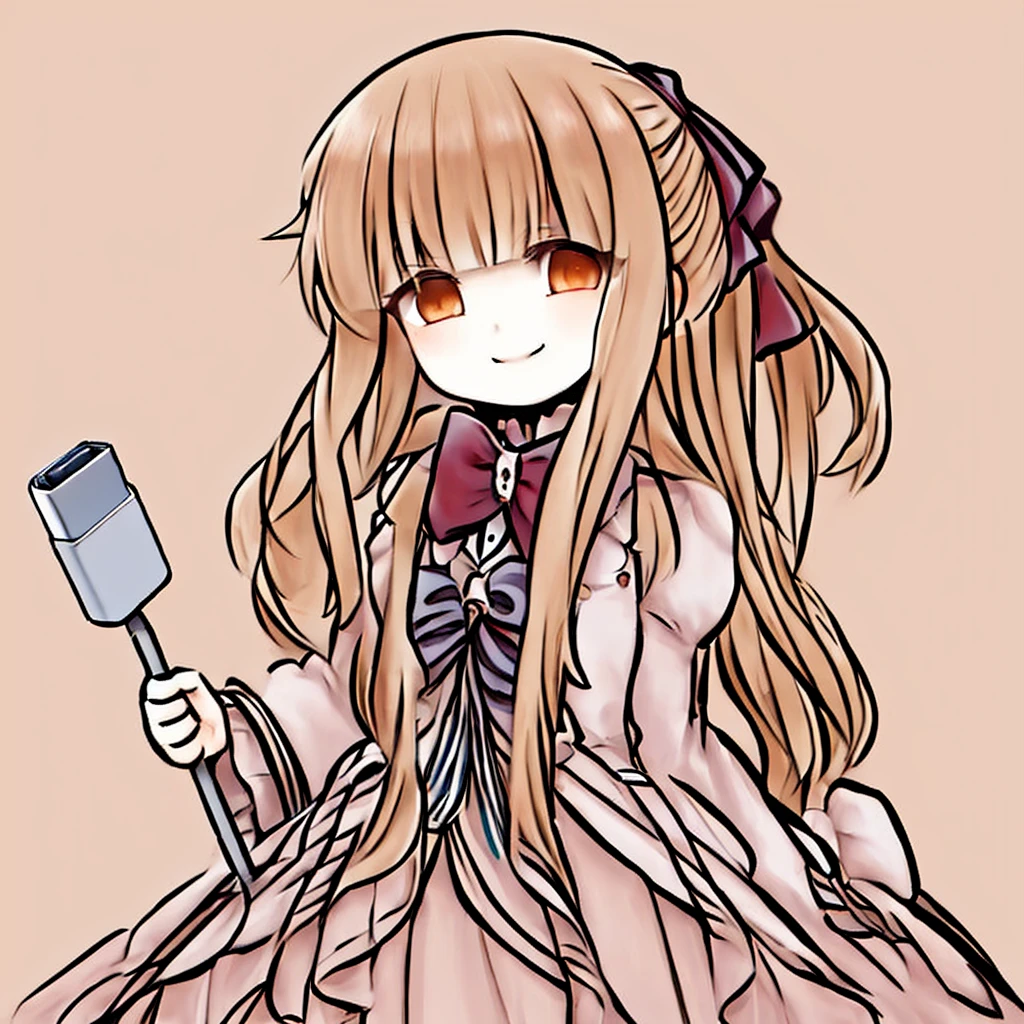 <lora:Meme_holding_charging_cable:0.6>,  <lora:Sharon_Rainsworth:1>,  holding charging cable, 1girl, Sharon Rainsworth, long hair, solo, dress, smile, brown eyes, brown hair, ponytail, bow, dress, simple background,  long dress, holding