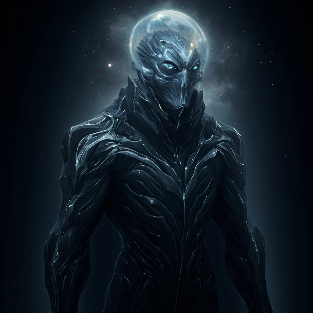 A necroid man in a sleek, futuristic suit with sharp metallic accents, wearing a transparent helmet that reveals a skull-like face with glowing eyes. His helmet emits a faint mist, adding an eerie, ethereal look. He stands with a dignified posture against a dark, starry background, with hints of an alien nebula behind him. The atmosphere is ominous and mysterious
, <lora:Stellaris_Characters:0.8>,