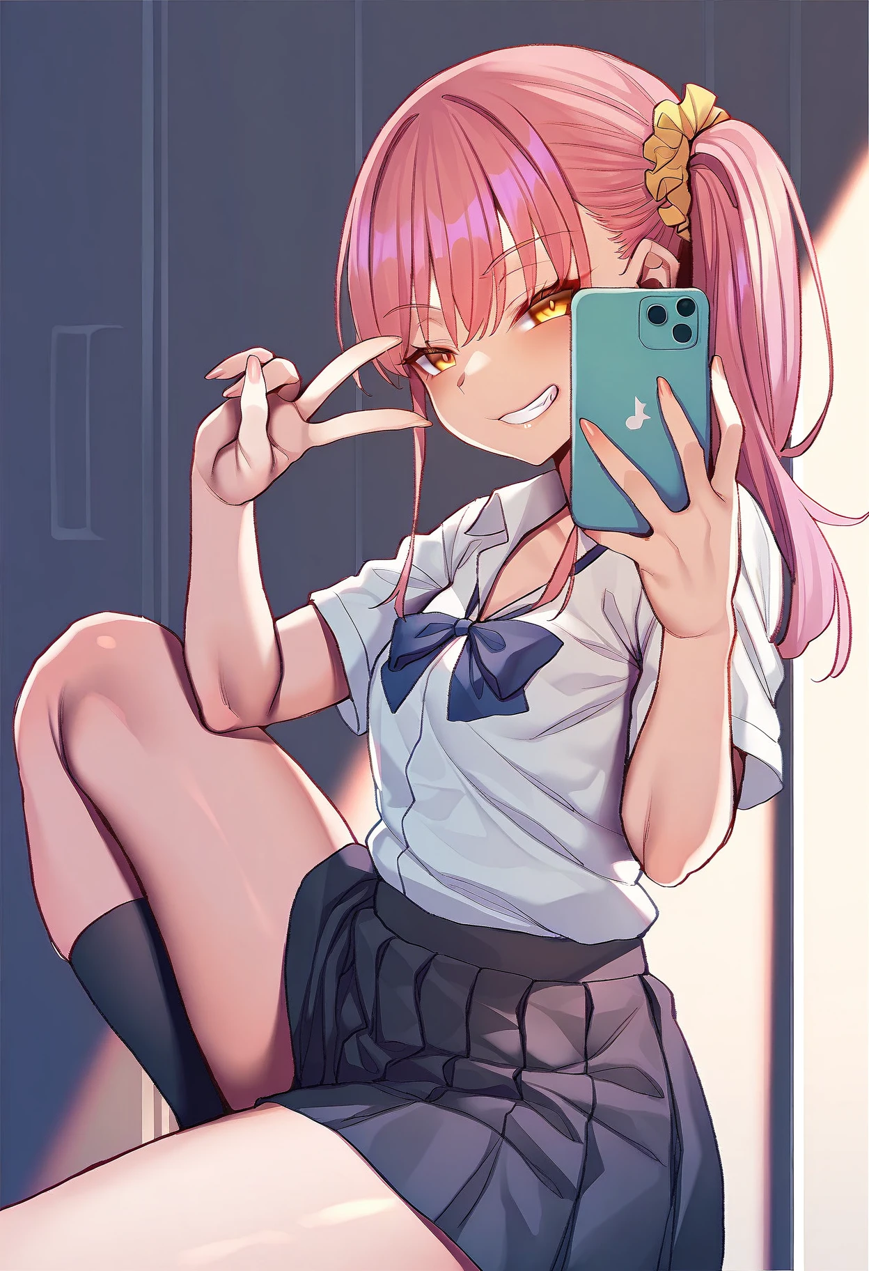 Girls with pink hair, long double-tailed hairstyle, ((small pink bushy eyebrows)), dressed in ta clothes, marked vagina, loli(Zankuro) drawing style by zankuro artist, Zancro style, image uploaded to R34, changing of clothes in a room, looking away, not looking at the camera (hidden camera recording it, security camera filter recording it) sexy flirtatious look
