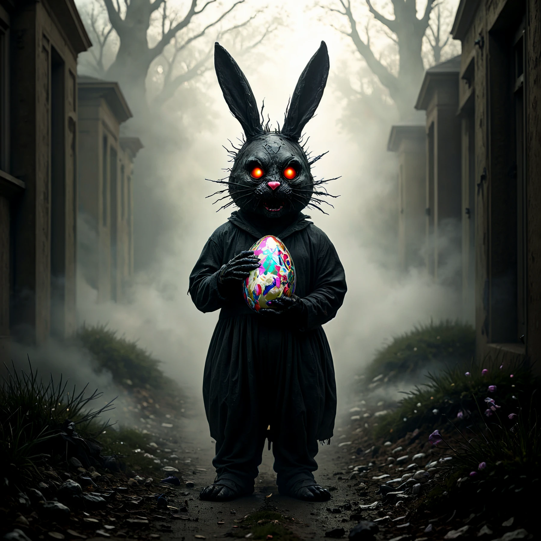 Nightmare Easter Bunny, holding a foil-covered Easter egg.

<lora:Nightmare01a_CE_SDXL_64x32x220x2bOT:0.8> nghtmrCE_Style