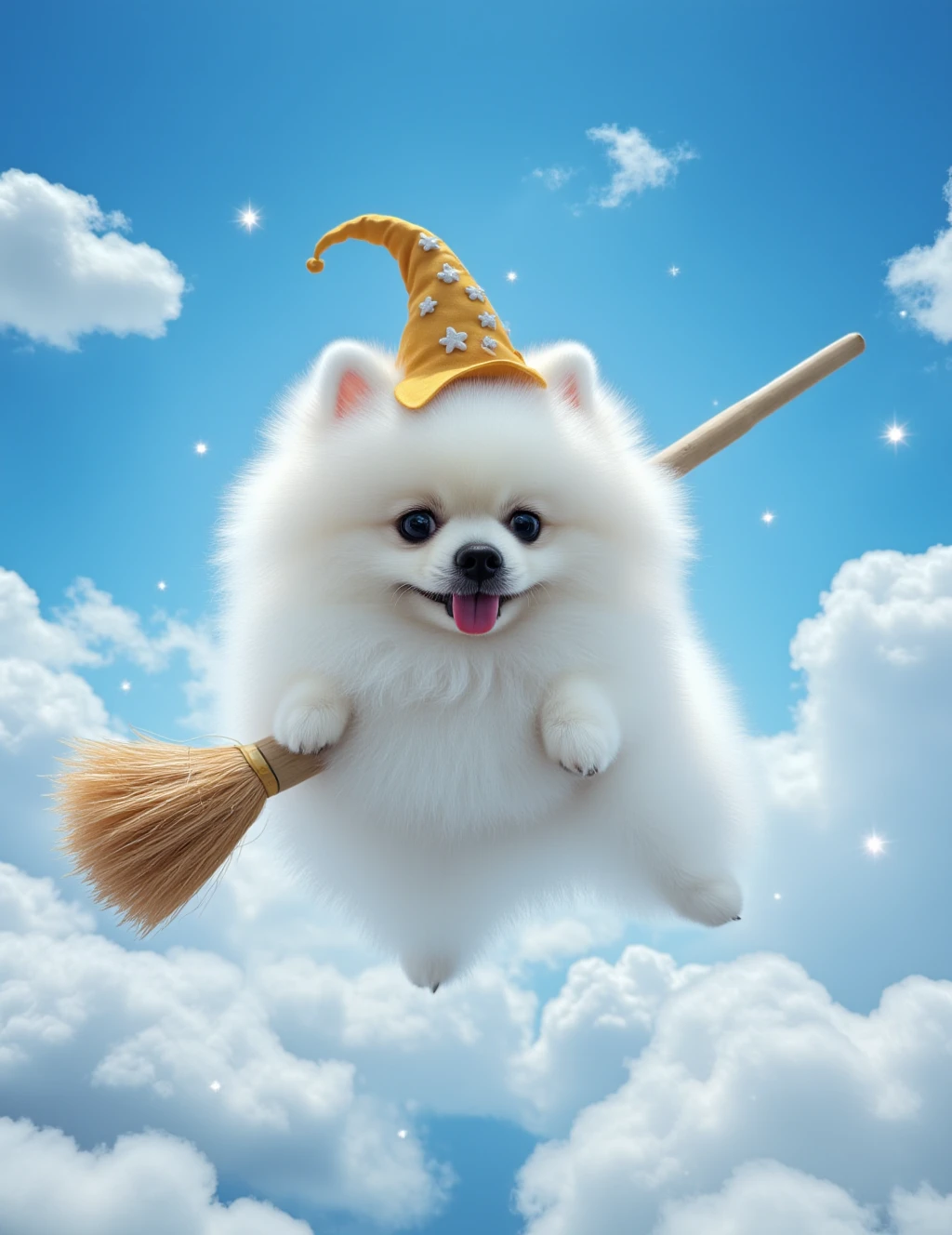 High above the clouds, a fluffy white dog floats joyfully through the azure sky, its soft fur billowing in the gentle breeze. Perched atop its head is a whimsical wizard hat, complete with twinkling stars and a crescent moon, adding a touch of magic to the scene.
In its paws, the dog holds a traditional broomstick (掃把), gripping it tightly as it soars playfully among the cotton-candy clouds. The sunlight glints off its fur, creating a radiant glow that catches the eye, while its expressive eyes sparkle with excitement and wonder.