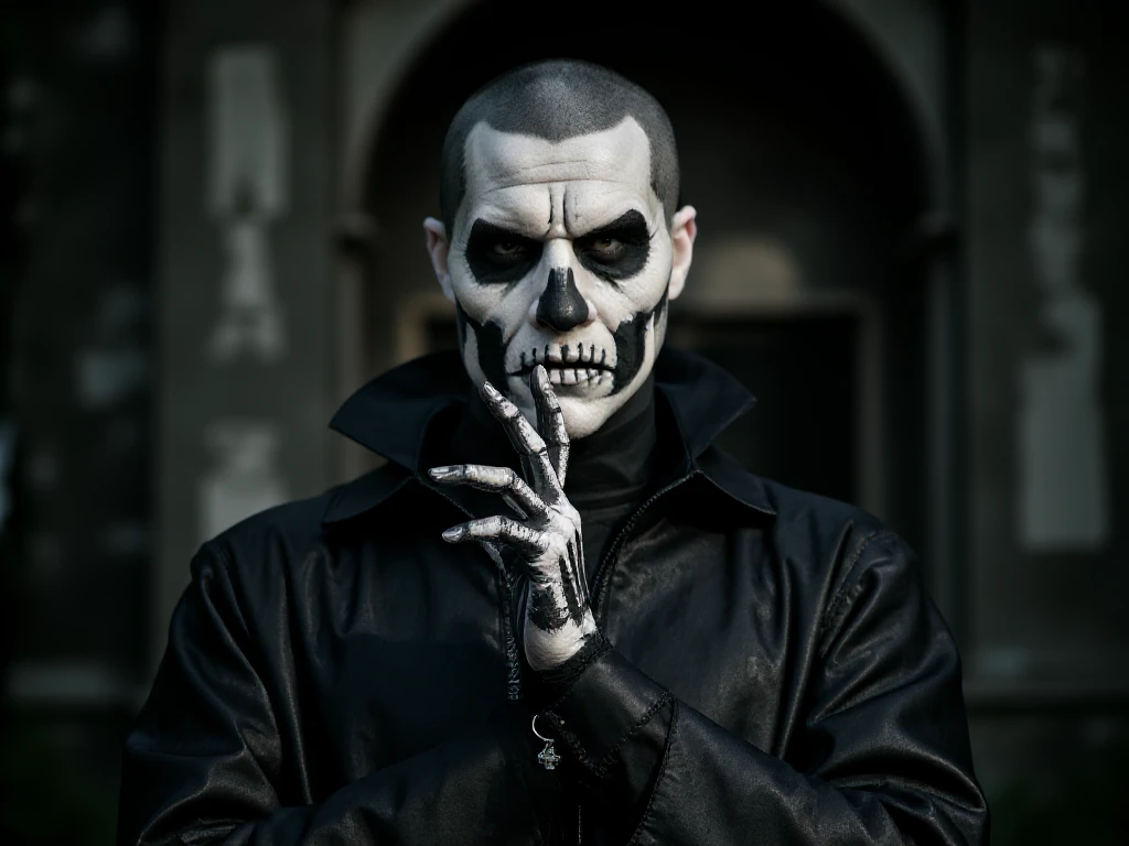 PapaSecondo, portrait, vampire, extreme pointy ears, ornamental vampire robe,  skull face paint. show his right skull paint hand with black sharp pointy fingernails, upper Lip is black and the lower white. His left eye is white and the right eye is dark green. Bald Black  buzzcut, crypt background <lora:8StepLora:1>  <lora:PapaSecondo:0.75>