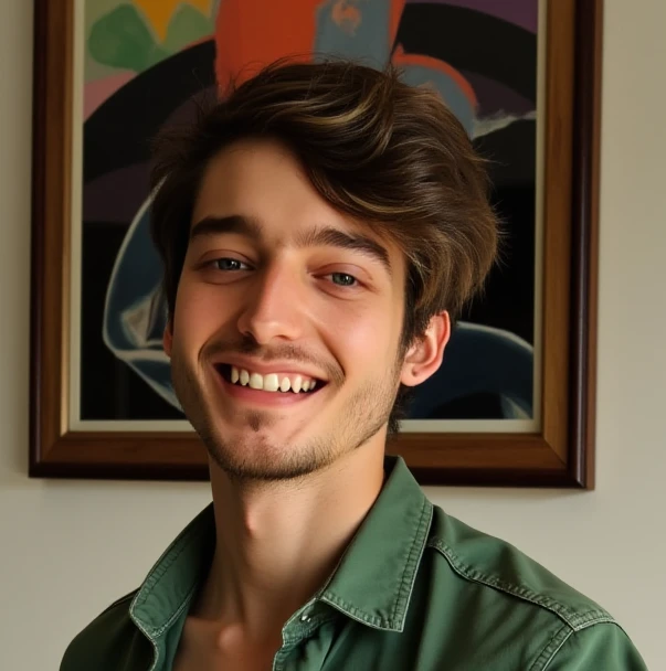 (smile, Luca, 21 yo male) blue jeans, luxury green shirt, standing in his bedroom, natural light shine on his face, looking at camera, inviting the viewer with an open hand