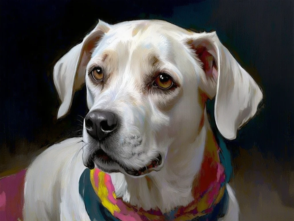 oil paint of a dog, colorful, detailed, masterpiece, __color__,  __epoch__, dynamic