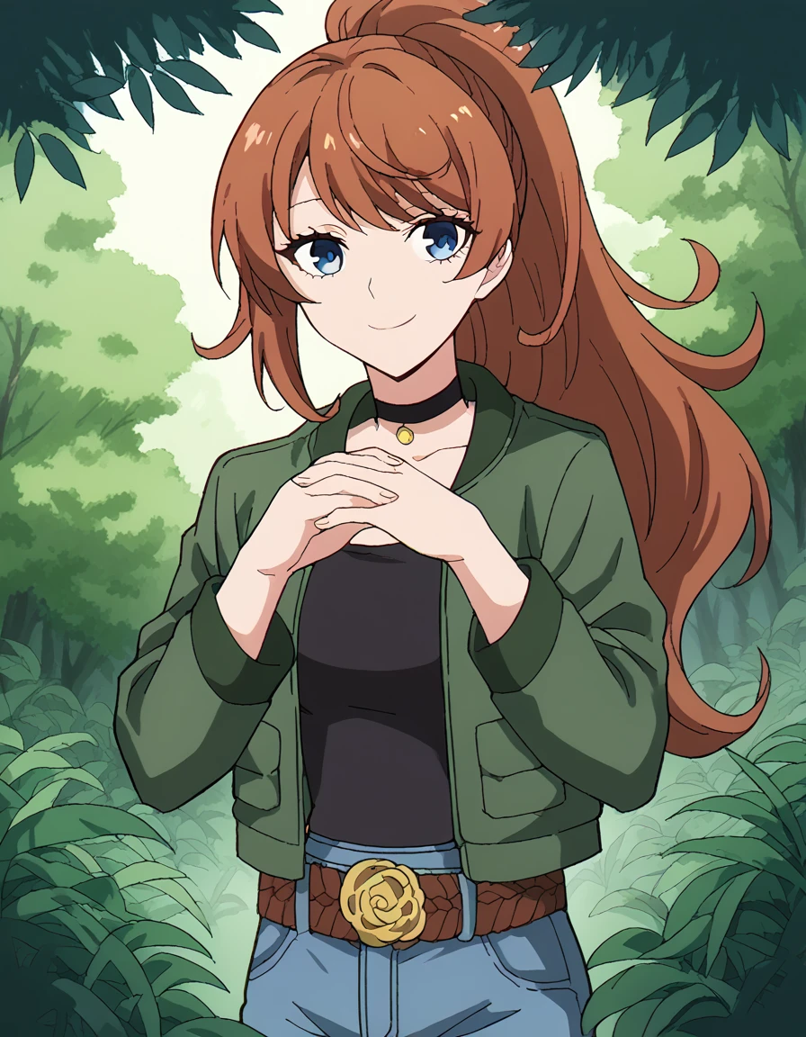 score_9, score_8_up, score_7_up, source_anime, <lora:anna-schneider-s1-ponyxl-lora-nochekaiser:1>, anna schneider, long hair, bangs, blue eyes, ponytail, brown hair, medium breasts,, jacket, open clothes, choker, belt, pants, open jacket, black choker, denim, jeans, green jacket, brown belt,, forest, trees, foliage, wildlife, greenery, smile, <lora:gendou-pose-ponyxl-lora-nochekaiser:1>, gendou pose, own hands clasped, own hands together, parody,, looking at viewer, solo,, dutch angle, cowboy shot