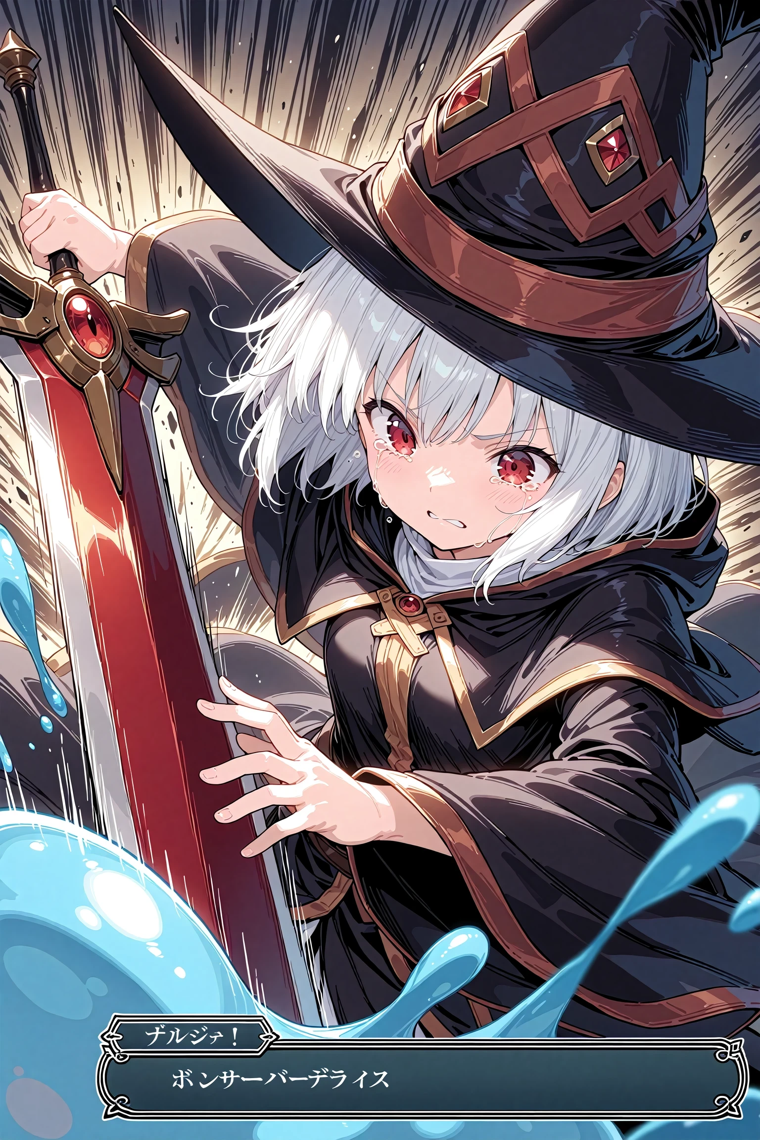 1girl, solo, slime, wizard, black wizard hat, white hair, short hair, red eyes, crying, holding great sword, crushed slime, fighting stance, dynamic angle, close-up face, depth of field, speed lines, sound effects, dialogue box, beautiful background, masterpiece, best quality