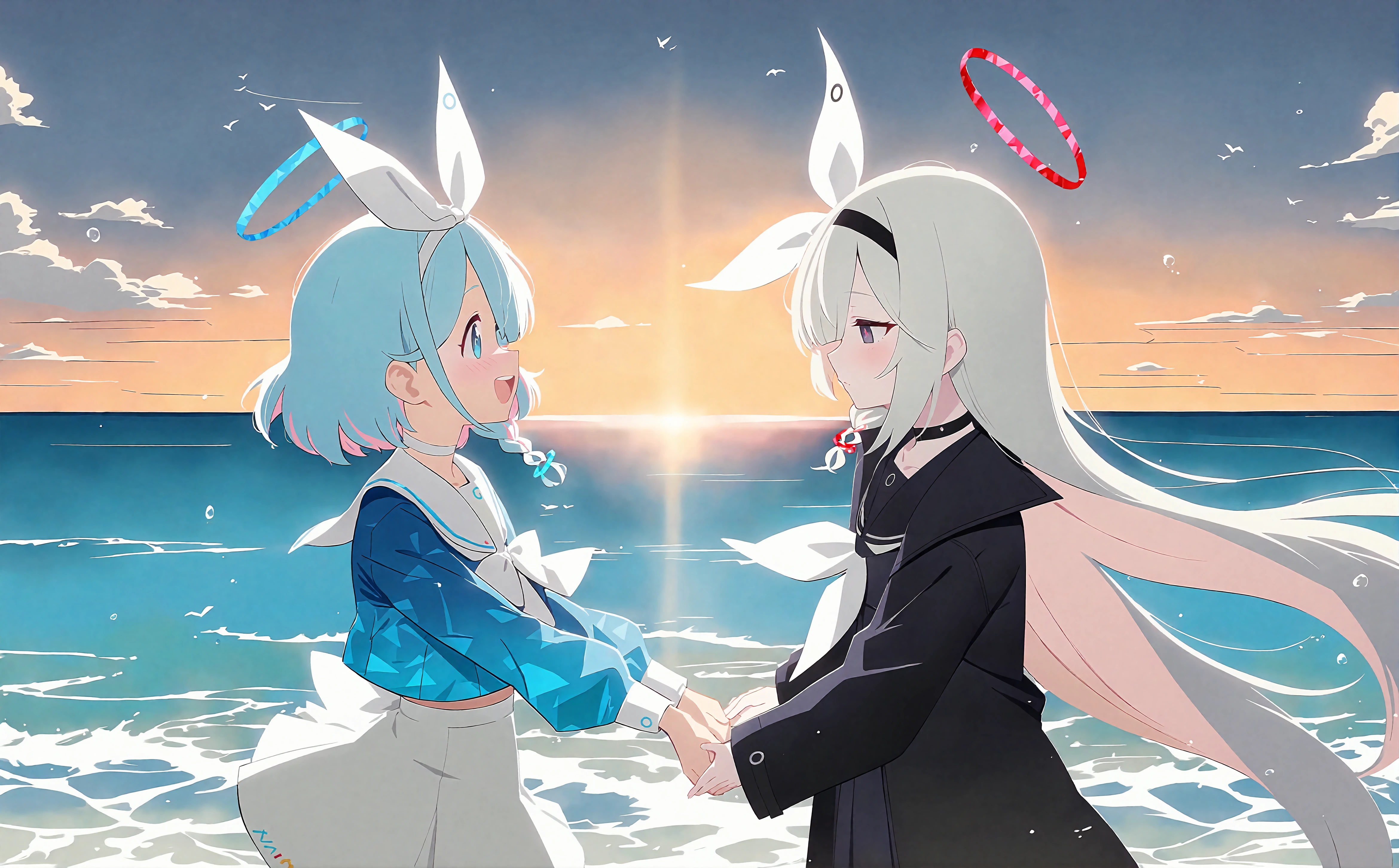 BAPV score 9,two girls holding hands,2girls,hand on hand,holding_hands,looking at another,arona \(blue archive\),plana \(blue archive\),blush,(in summer),(water),(ocean),(sky),(day),(cloud),(cirrus),(Cirrocumulus),(air bubble),(bubble),(underwater),(water drop),(water),bird,lispict,32k,absurdres,masterpiece,best quality,highly detailed,. gorgeous,key visual,vibrant,studio anime,award-winning,professional,highly detailed,high budget,cinemascope,ray tracing,source anime,<lora:pony_outline_lbw_5x:-0.5>,