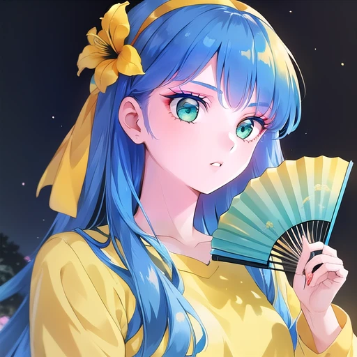 1girl, blue hair, flower, folding fan, hair ornament, hairband, hand fan, holding, holding fan, long hair, long sleeves, makeup, retro artstyle, solo, upper body,yellow flower,red bandâââ,  <lora:ranmake-000002:0.6>, green eyes, naked