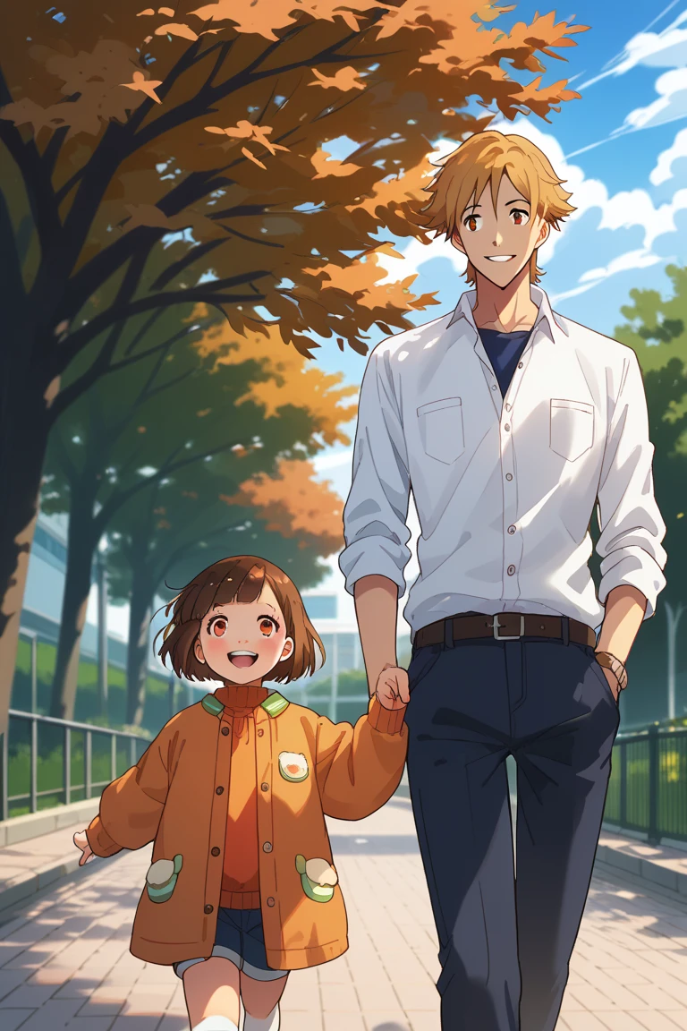 score_9, score_8_up, score_7_up, source_anime, rating_questionable, day, natural lighting, autumn leaves, autumn theme, 1stfather and daughter focus, autumn clothes, walking, looking away, smiling, KazukiBD, yellowish brown_Kazuki_1stmale hair, red_Kazuki_1stmale eyes, teeth, 1stboy, MiriBD, brown_Miri_female hair, brown_Miri_female eyes, 1female child, blurry outdoors park, scenery, from below, dutch angle, intricately detailed illustration, atmospheric perspective, depth of field