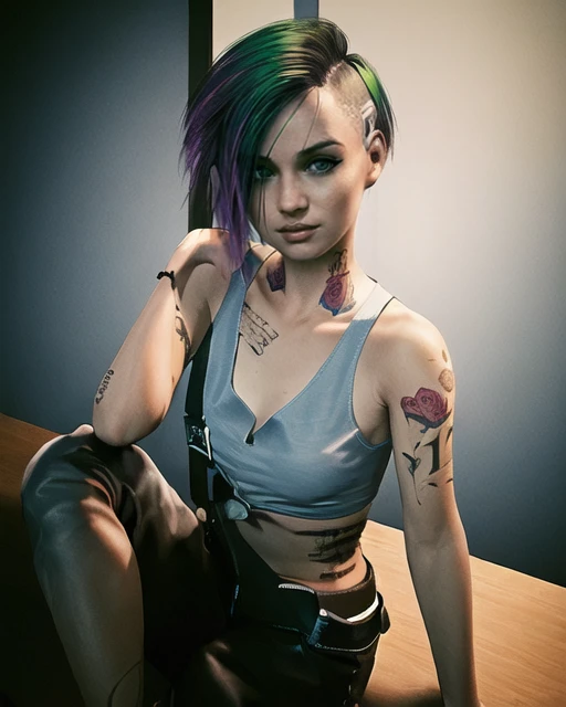 (masterpiece:1.2),(best quality:1.2),(high resolution:1.2) CyberJudy, 1girl, solo, looking at viewer, short hair, asymmetrical hair, undercut, pants, tattoo, tank top, arm tattoo, multicolored hair, pink hair beautiful, cute, delicate, artgerm, artstation, by W, <lora:Judy_Alvarez_SD15:0.7>