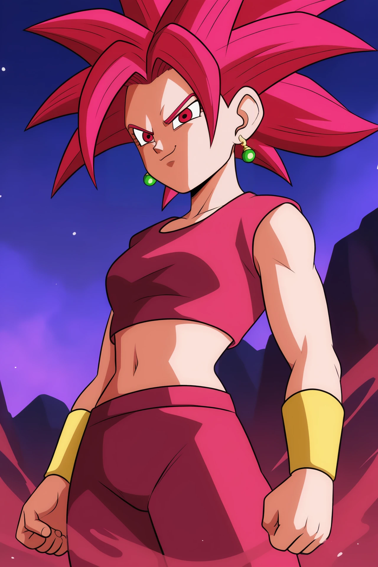 source_anime, score_9, score_8_up, score_7_up, anime screencap, high quality, 8k, absurdres, 
kefla \(dragon ball\), super saiyan god, official style, 1girl, solo, spiked hair, red hair, ponytail, eyelashes, red eyes, constricted pupils, closed mouth, potara earrings, collarbone, crop top, red topwear, short sleeves, midriff, navel, vambraces, red legwear, clenched hand, form fitting, yoga pants, arms at sides, green sky, red aura, looking at another, cowboy shot, v-shaped eyebrows, smirk, mountainous horizon
 <lora:kefla_remake_pony_v1:0.8>