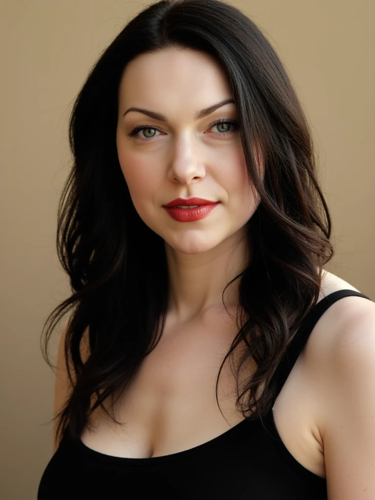 a high-resolution photograph featuring 14ur4pr3p0n with fair skin and long, wavy, black hair cascading over her shoulders, she has a delicate, symmetrical face with high cheekbones, full lips painted in a vibrant red, and striking blue eyes accentuated by subtle makeup, her expression is neutral, with a slight hint of a smile, she is wearing a simple, black, sleeveless top that reveals her shoulders and upper chest, the background is a neutral, gradient beige, which contrasts sharply with her hair and skin tone, making her the focal point of the image, the lighting is soft and diffused, creating a warm, intimate atmosphere, the overall composition is balanced, with the subject occupying the majority of the frame and the background providing a subtle, neutral backdrop, the photograph is likely taken in a studio setting, as indicated by the careful attention to detail in the subject's facial features and clothing