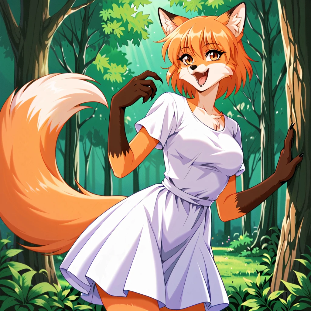 score_9, score_8_up, score_7_up, game_cg, 1girl,  furry female, cat female, forest, happy, fox tail, fox ears, solo, <lora:Armist_Mon-Mon:1>, white dress,