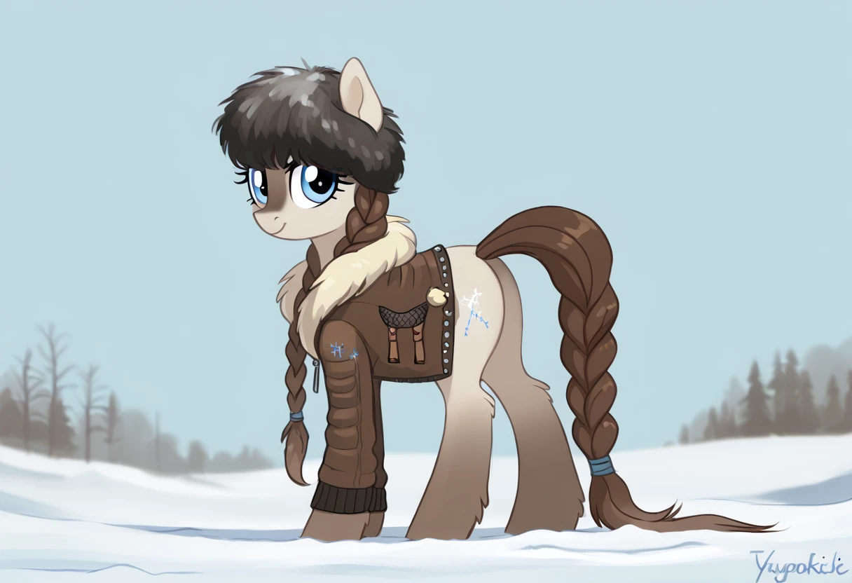 score_9, score_8_up, score_7_up, score_6_up, score_5_up, score_4_up, rating_safe, oc:boreal blanket, pony, solo, braid, clothes, hat, jacket, oc, ushanka, oc only, braided tail, yakutian horse, snow mare, detailed, beautiful, detailed background, <lora:Wholesome-MLP-v1.3b:1>, <lora:Snow_Ponies-000008:1>