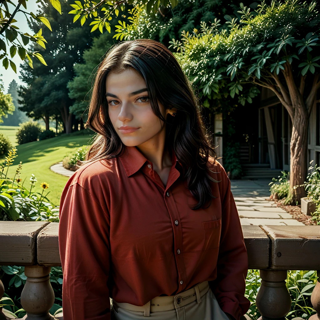 rating_safe, zPDXL3, score_9, score_8_up, score_7_up, score_6_up, score_5_up, score_4_up, highres, incredibly absurdres, highly detailed, dim lighting, closed mouth, outdoors, 1girl, solo, saffai, black hair, long hair, brown eyes, toned, red collared shirt, long sleeves, looking at viewer, <lora:Saffai-000007:0.7>