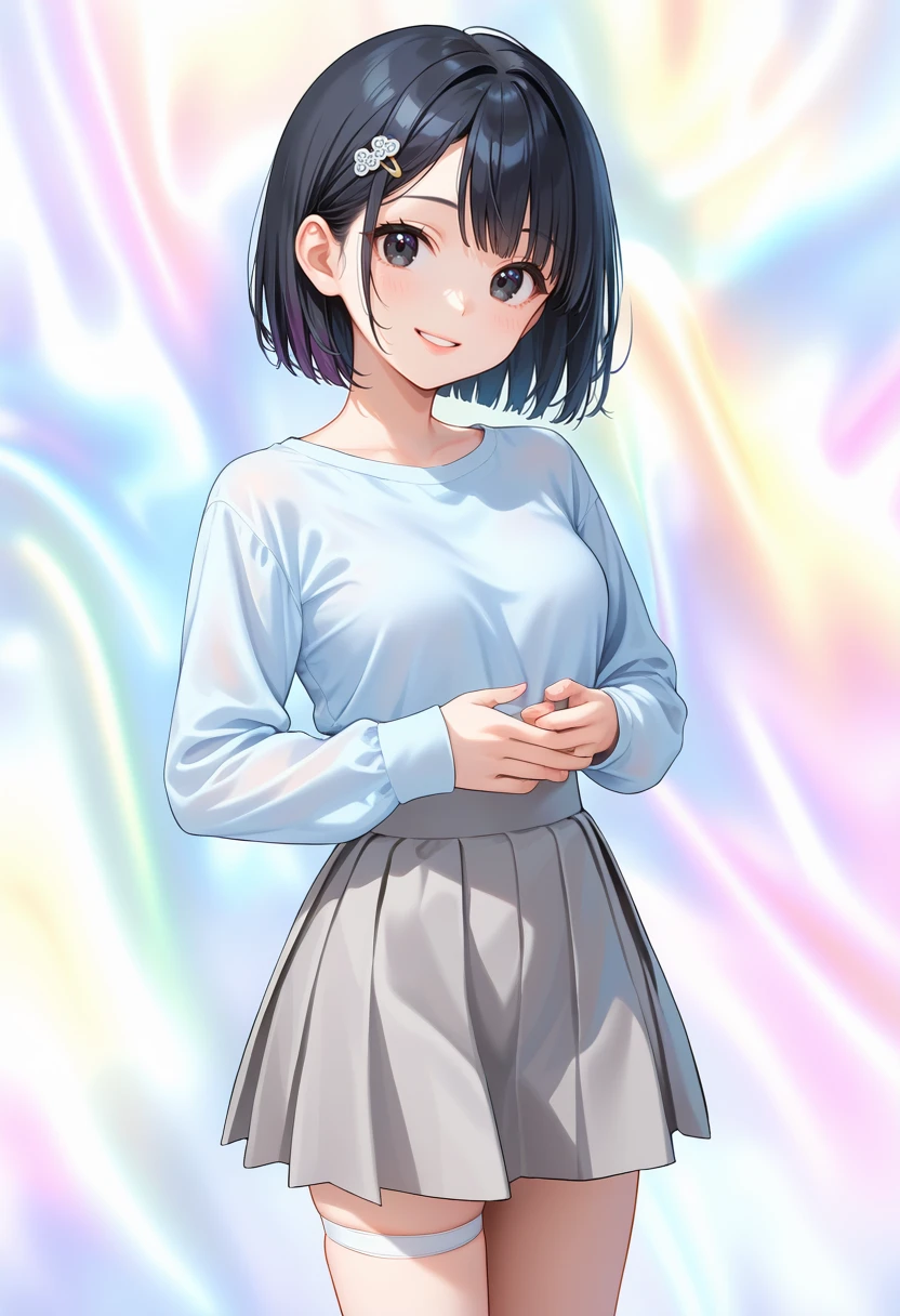 score_9, score_8_up, score_7_up, source_anime, perfect anatomy, ((outlined outlined vector graphics)),,cute face,
1girl,20yo, black hair, black eyes, short bob hair, hair pin,mdeium  breast, slender,(white thigh strap:1.1),(black clohtes:1.1),,casual ware, cowboy shot, light blue shirt, gray skirt, long sleeves,smile, parted lips , peaceful,
,  silk background, tatsuki background,(rainbow silk:1.3),rainbow background,
 <lora:silk-background-01:1.2>