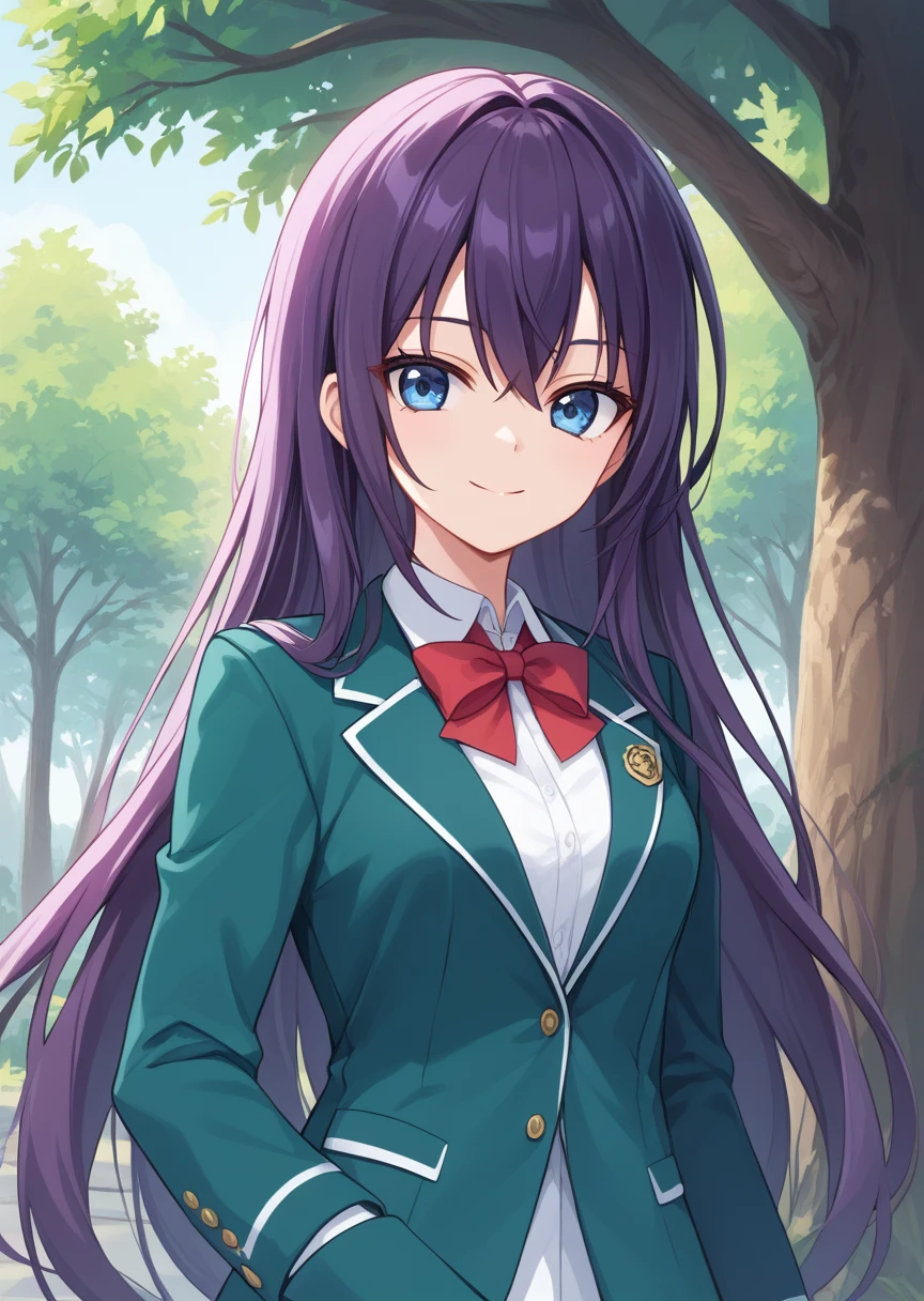 score_9, score_8_up, score_7_up, score_6_up, score_5_up, BREAK
Alm4, Human, female, source_anime, 1girl, solo, long hair, looking at viewer, smile, blue eyes, shirt, bow, school uniform, jacket, upper body, purple hair, red bow, tree, green blazer