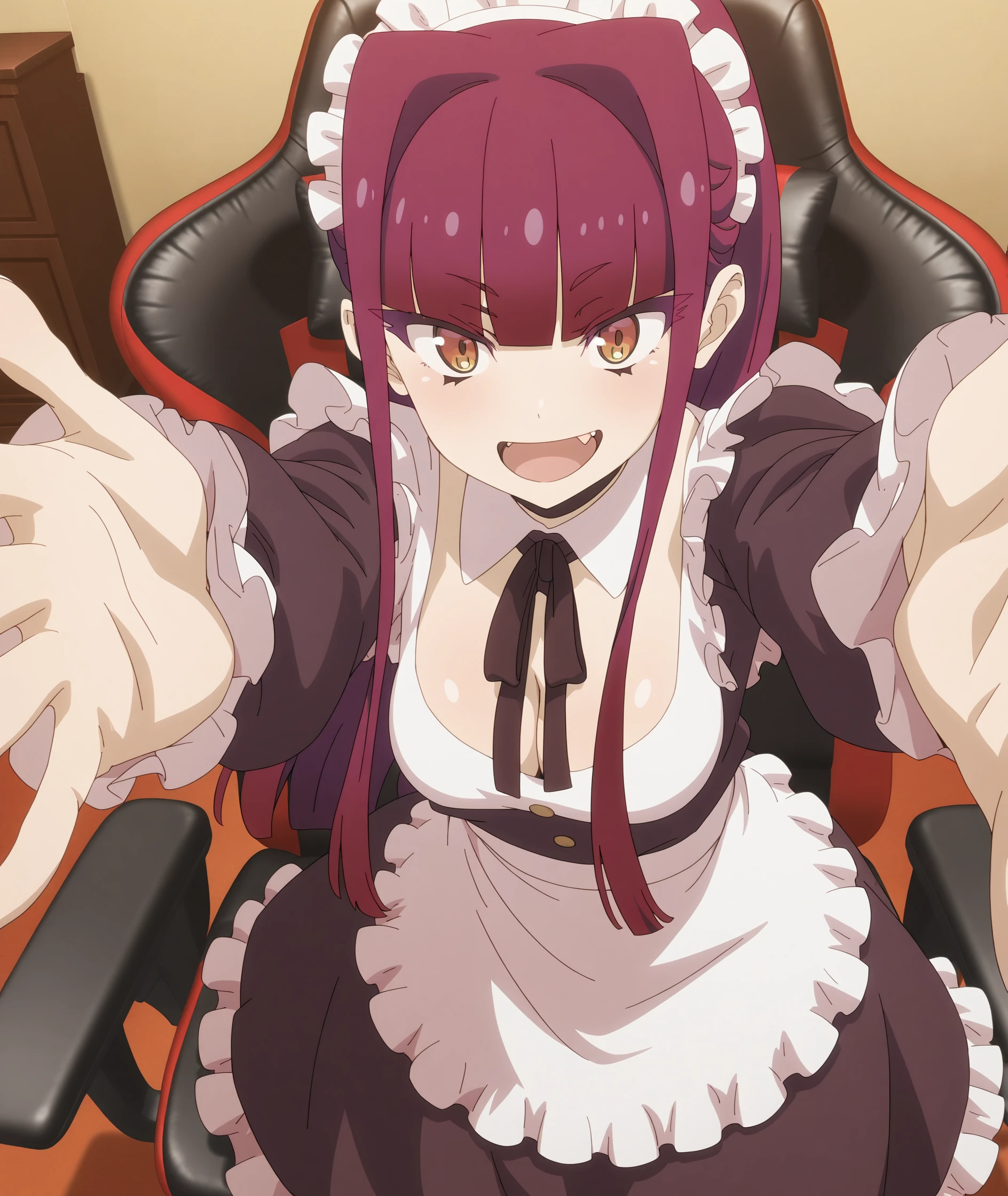 highres, hi res, best quality, masterpiece, 2d, intricate details, 4k, anime coloring, shadow, uncensored,
1girl, solo, female, eyelashes, red eyes, brown eyes, yellow eyes, fang, long hair, blunt bangs, bangs, purple hair, red hair, ponytail, hair intakes, sidelocks,
maid headdress, maid, maid apron, long sleeves, frilled skirt, frills, frilled dress, frilled sleeves, maid dress, cleavage, breasts, medium breasts, 
cowboy shot, foreshortening, looking at viewer, facing viewer, front viewer,
indoors, gaming chair, <lora:Yuki_ILXL:1>, mayonaka punch,