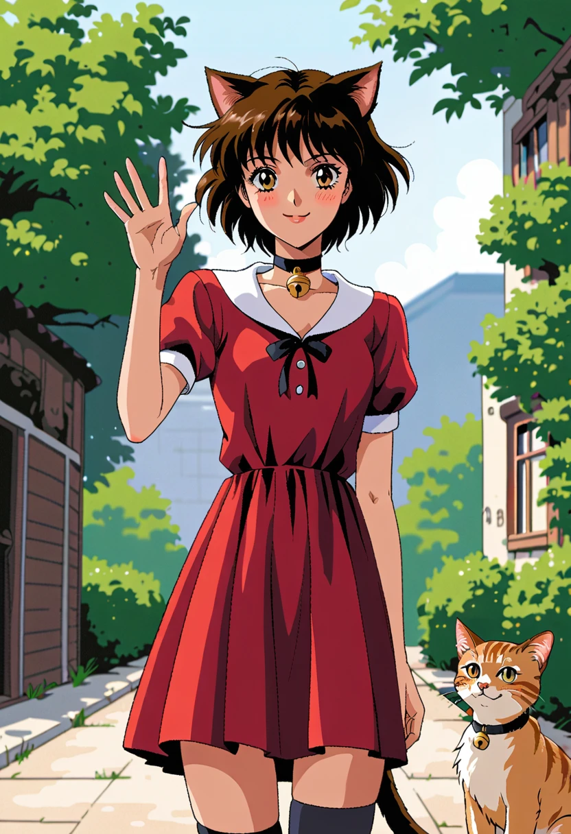 score_9, score_8_up, source_anime, 1girl,<lora:Armist_Mon-Mon:0.8>, cat_ears, brown hair, cat_tail, neck bell, blush, looking at viewer, cowboy shot, waving, outdoors, red dress, smile, dark kneesocks, day, solo