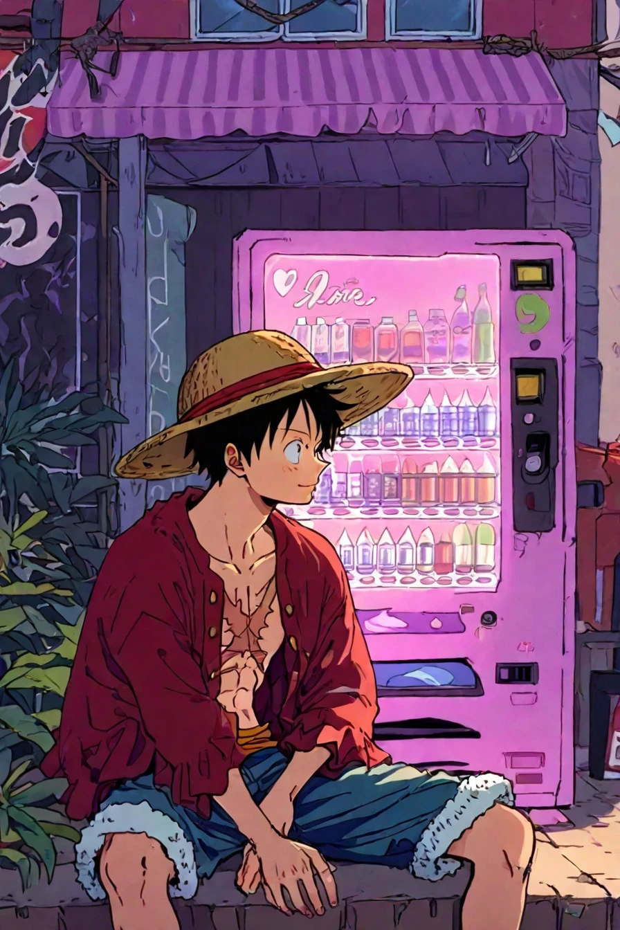 score_9, score_8_up, score_7_up, score_6_up, score_5_up, score_4_up,  <lora:LUFFY_pony_XL:0.6>, Luffy, red jacket, scar on chest, straw hat, black hair, <lora:Lofi_style:1>, 1boy, solo, alone, lofi_style, lofi, masterpiece,  highres, vending machine, sitting, sitting in front of vending machine