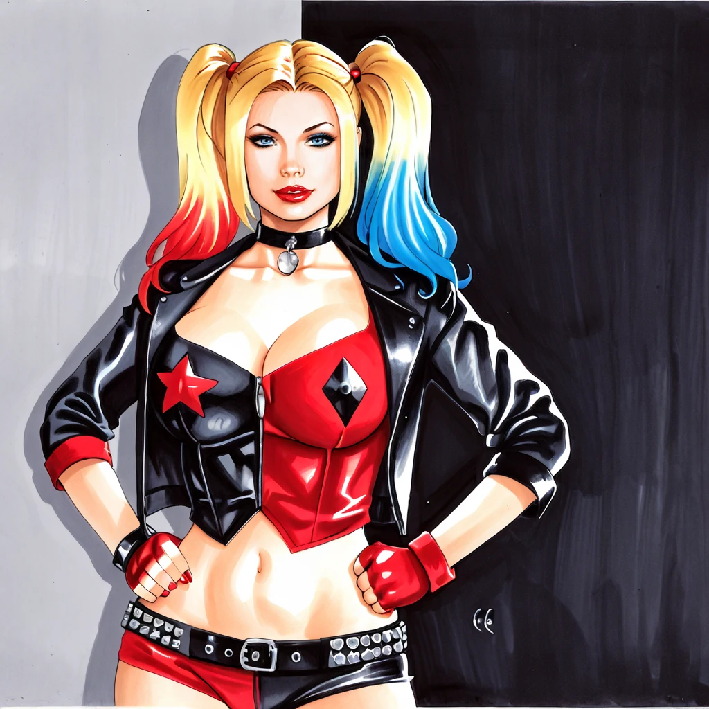 <lora:chrisfoulkes_pony_v2:1>score_9, chrisfoulkes_style, crhisfoulkes, source_artwork, traditional media  <lora:harleyquinnrebirth_pony_v1:0.7> harleyquinnrebirth, 1girl, large  breasts, fingerless gloves, twintails, short shorts, open jacket, blonde hair, makeup, multicolored hair, cleavage, single glove, choker, belt, blue eyes, heart, eyeshadow, spiked bracelet, spikes, midriff, blue hair, crop top, nose, open clothes, lipstick, jewelry, tattoo, red gloves, black jacket, cowboy shot, hands on hips