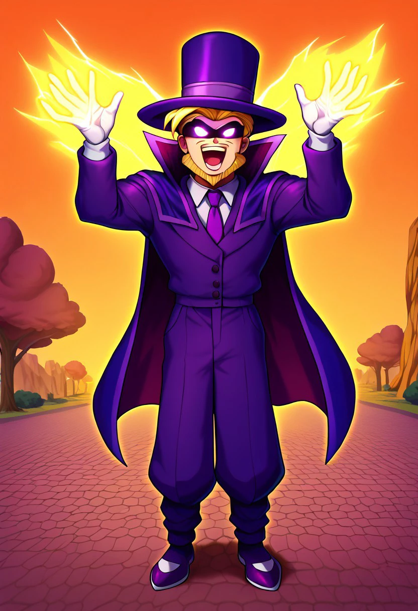 score_9, score_8_up, score_7_up, score_6_up, score_5_up, score_4_up, SophistEevee, full body, solo focus, 1boy, (purple top hat), (top hat), purple hat, white shirt, purple coat, (purple jacket), purple pants, purple shoes, purple necktie, purple cape, mask, facial hair, purple pupils, yellow beard, yellow mustache, white gloves, smile, outdoors, park, looking at viewer, standing,  <lora:super-saiyan-ponyxl-lora-nochekaiser:1>, super saiyan, spiky hair, aura, open mouth, closed hands, shouting, yellow hair, glowing eyes, electricity, yellow aura, glowing, supersaiyanaura