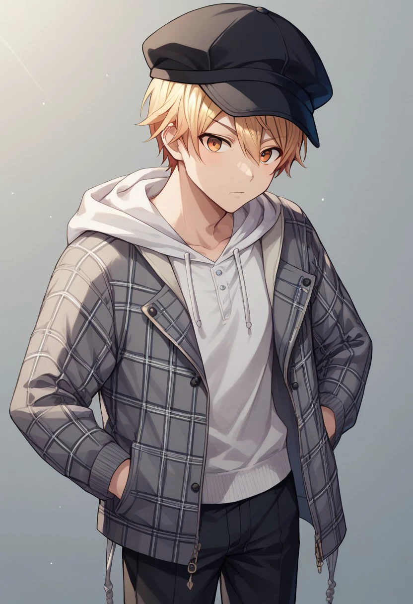 score_9, score_8_up, score_7_up, source_anime, highly detailed, 
tsukasa, 
1boy, male focus, solo, orange eyes, blonde hair, short hair, hair between eyes, bangs, hat, black headwear, hoodie, grey hoodie, white hoodie, jacket, plaid jacket, buttons, hood, hood down, drawstring, pants, black pants,
indoor,