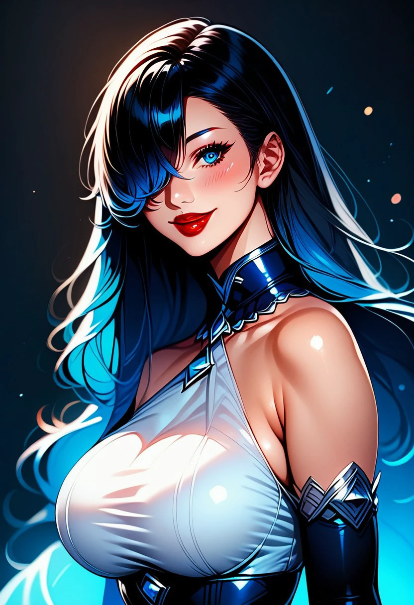 score_9, score_8_up, score_7_up, 
43th3rl4c3w0rks, 
rating_safe,  1girl, solo, long hair, breasts, looking at viewer, blush, smile, bangs, blue eyes, large breasts, black hair, closed dress, gloves, dress, bare shoulders, closed mouth, blue hair, upper body, multicolored hair, elbow gloves, hair over one eye, collar, lips, gradient hair, red lips,