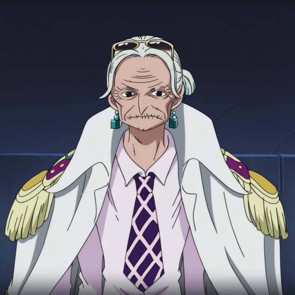 TsuruOP, 1girl, solo, old woman, grey hair, black eyes, jewelry, earrings, wrinkles, cape, epaulets on cape, hair bun, untucked shirt, breast, sleeves rolled up, necktie, pants, bracelet, shoes, sunglasses on head, sexy pose,