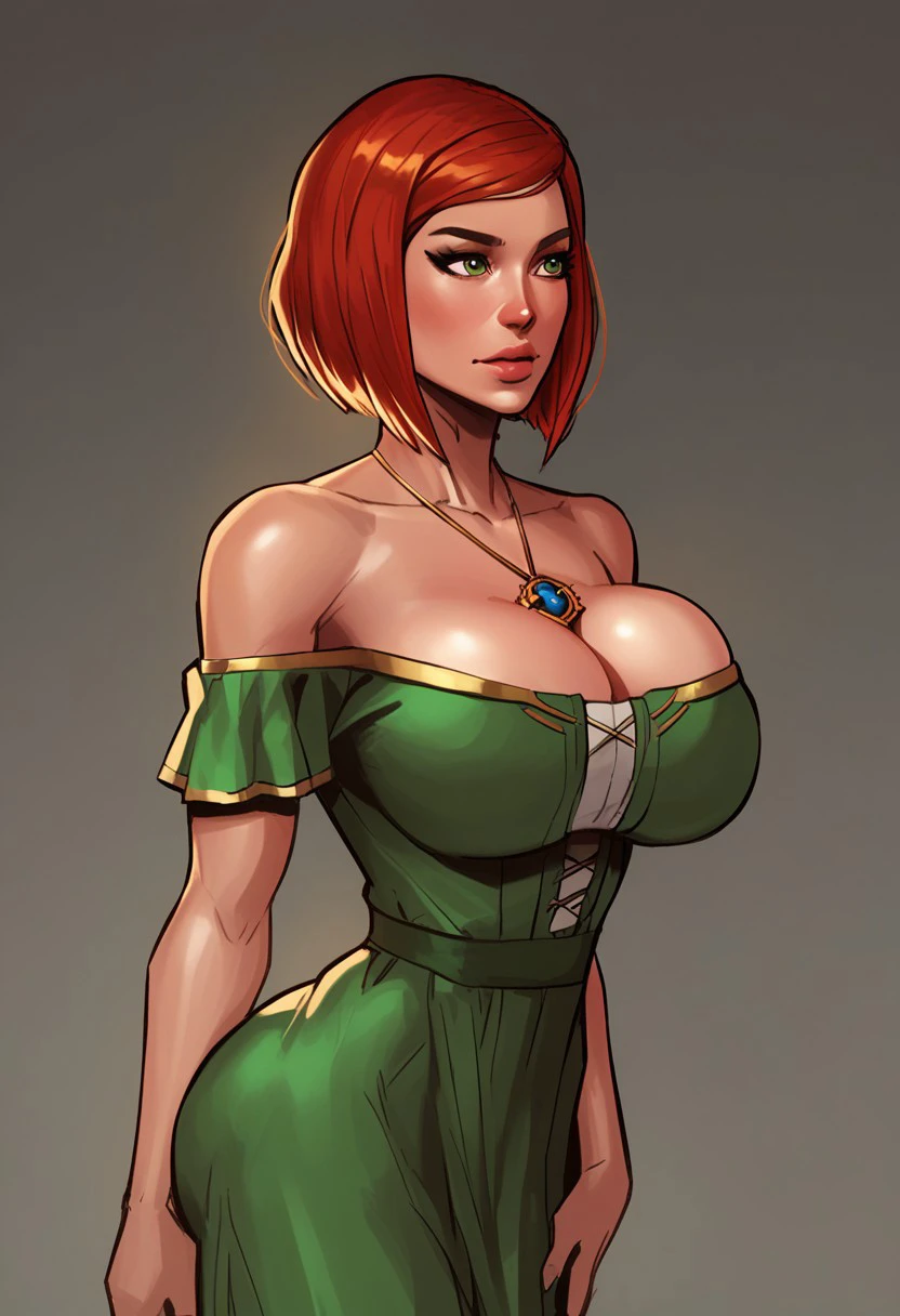 score_9, score_8_up, score_7_up, score_6_up, rating_safe, solo focus, source_cartoon, cowboy shot, portrait, d4rgod3n, SOCAlexia, red hair, short hair, green eyes, large breasts, Alexiagown, green dress, off shoulder, gold trim, blue necklace,